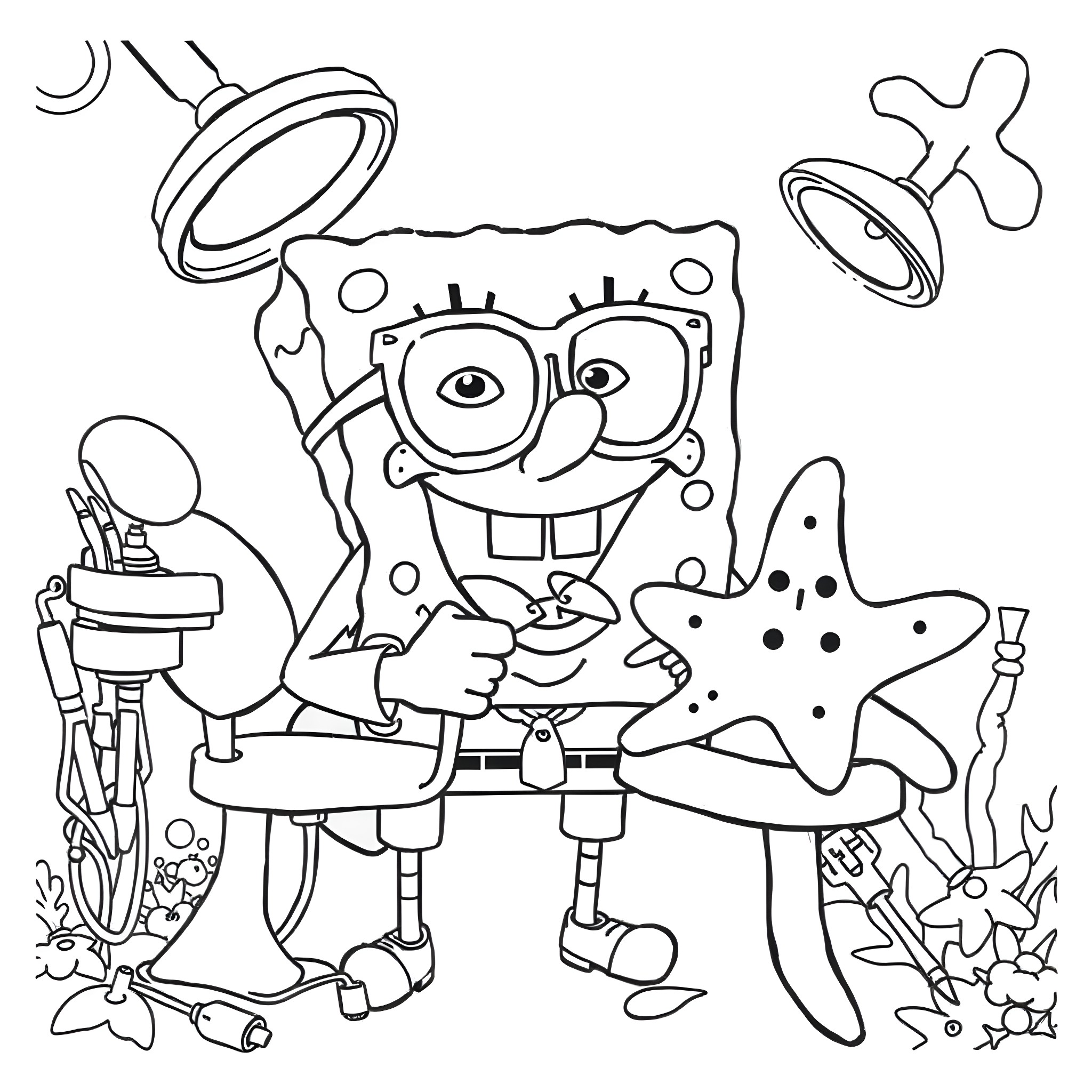 Spongebob exploring the sea with starfish Coloring Page (free black-and-white line drawing printable PDF for all, from beginners to advanced learners, including children, teens, adults, and seniors)