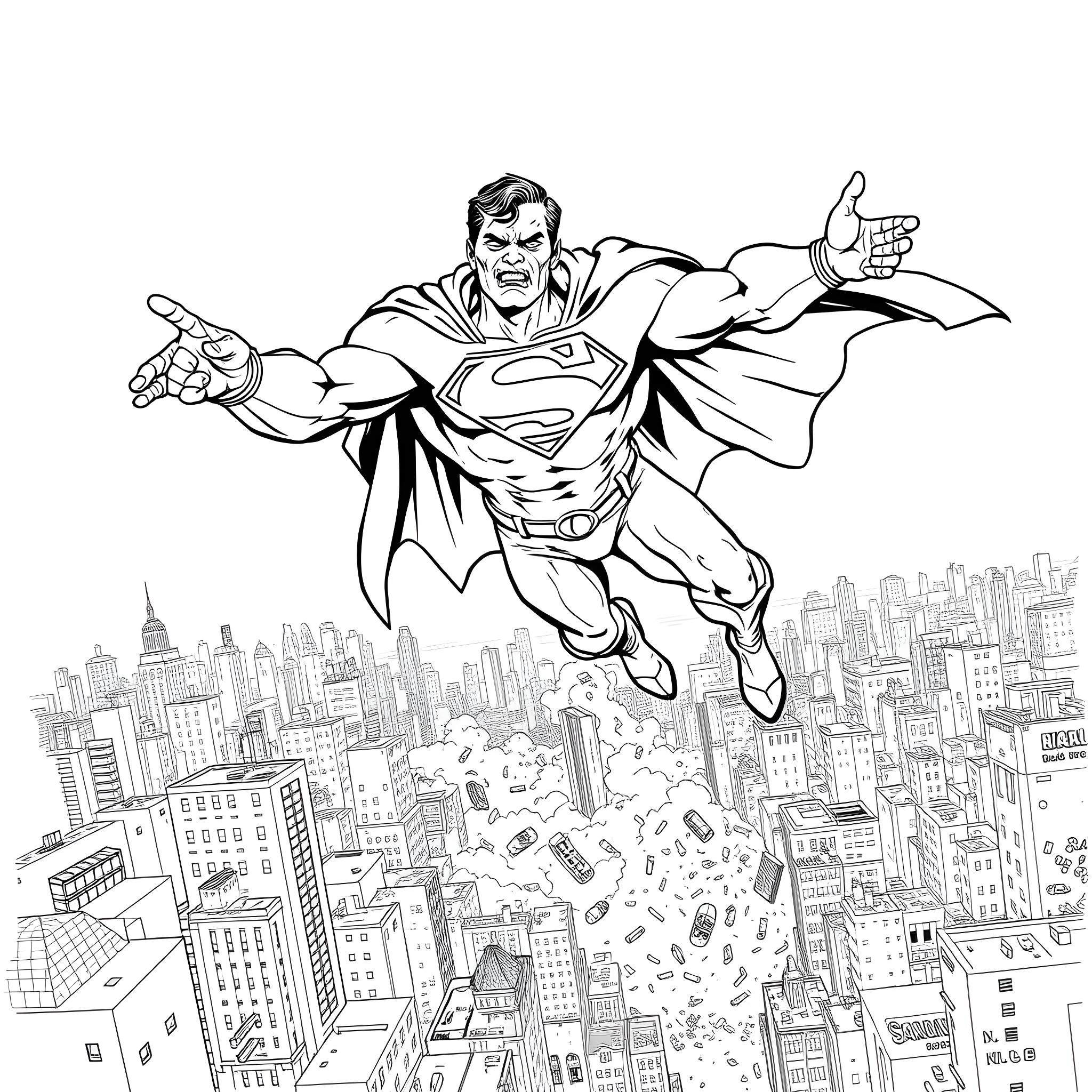 Zombie Superman soaring over the destroyed city Coloring Page (free black-and-white line drawing printable PDF for all, from beginners to advanced learners, including children, teens, adults, and seniors)