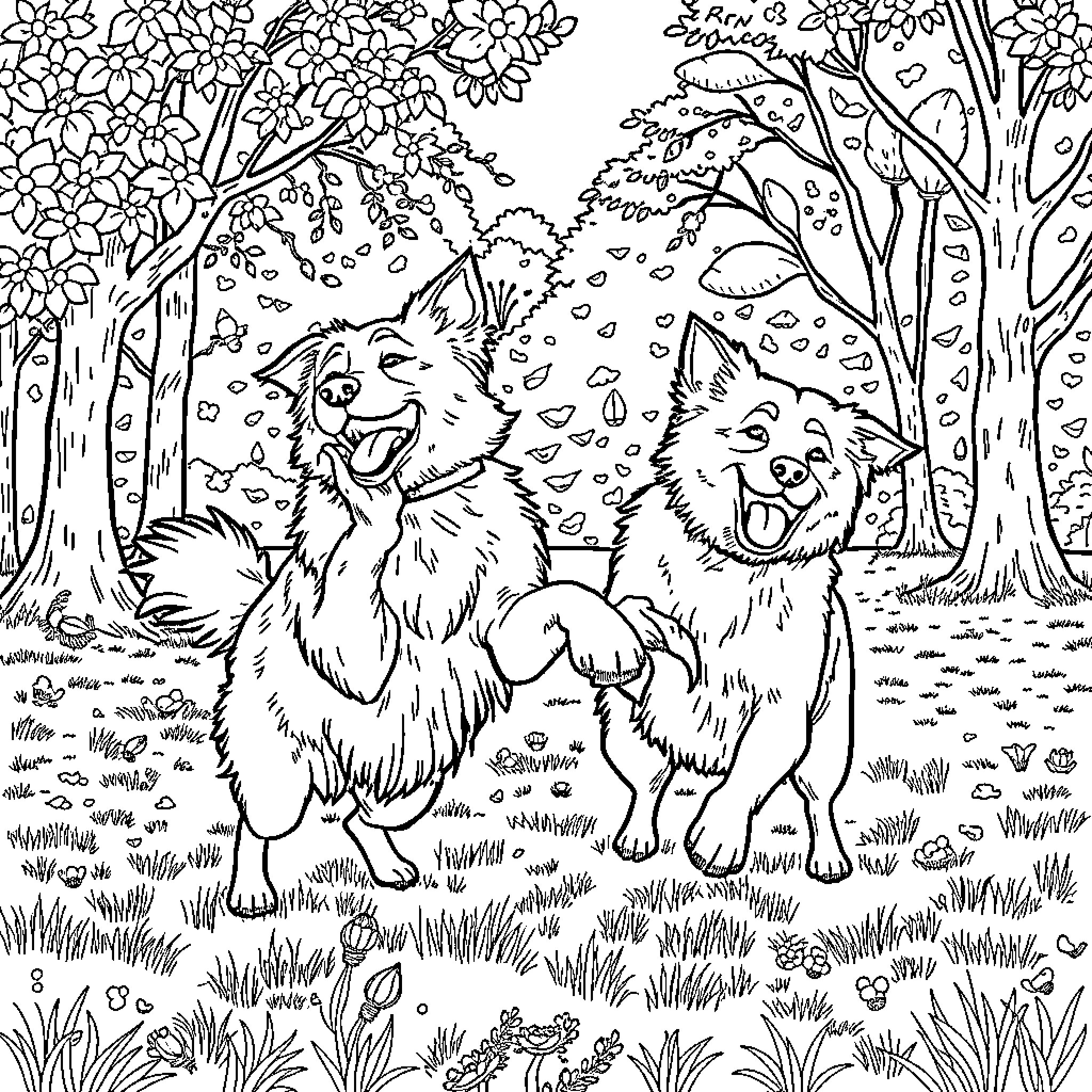 Dogs Playing Happily in Floral Forest Coloring Page (free black-and-white line drawing printable PDF for all, from beginners to advanced learners, including children, teens, adults, and seniors)