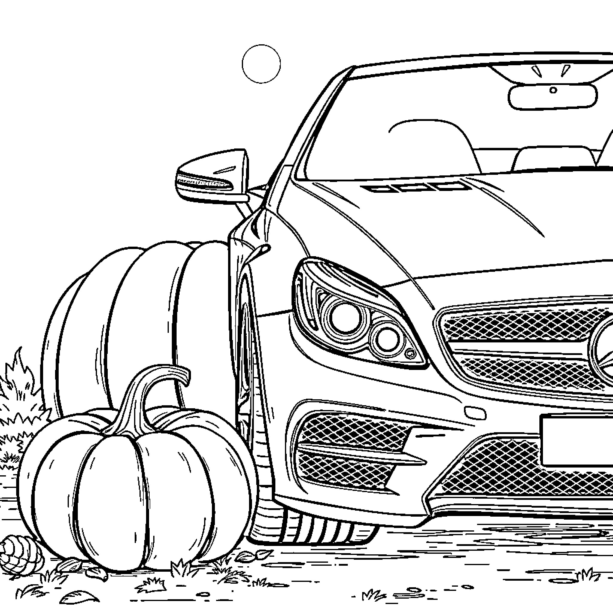 Mercedes with Pumpkins in the Autumn Scenery Coloring Page (free black-and-white line drawing printable PDF for all, from beginners to advanced learners, including children, teens, adults, and seniors)