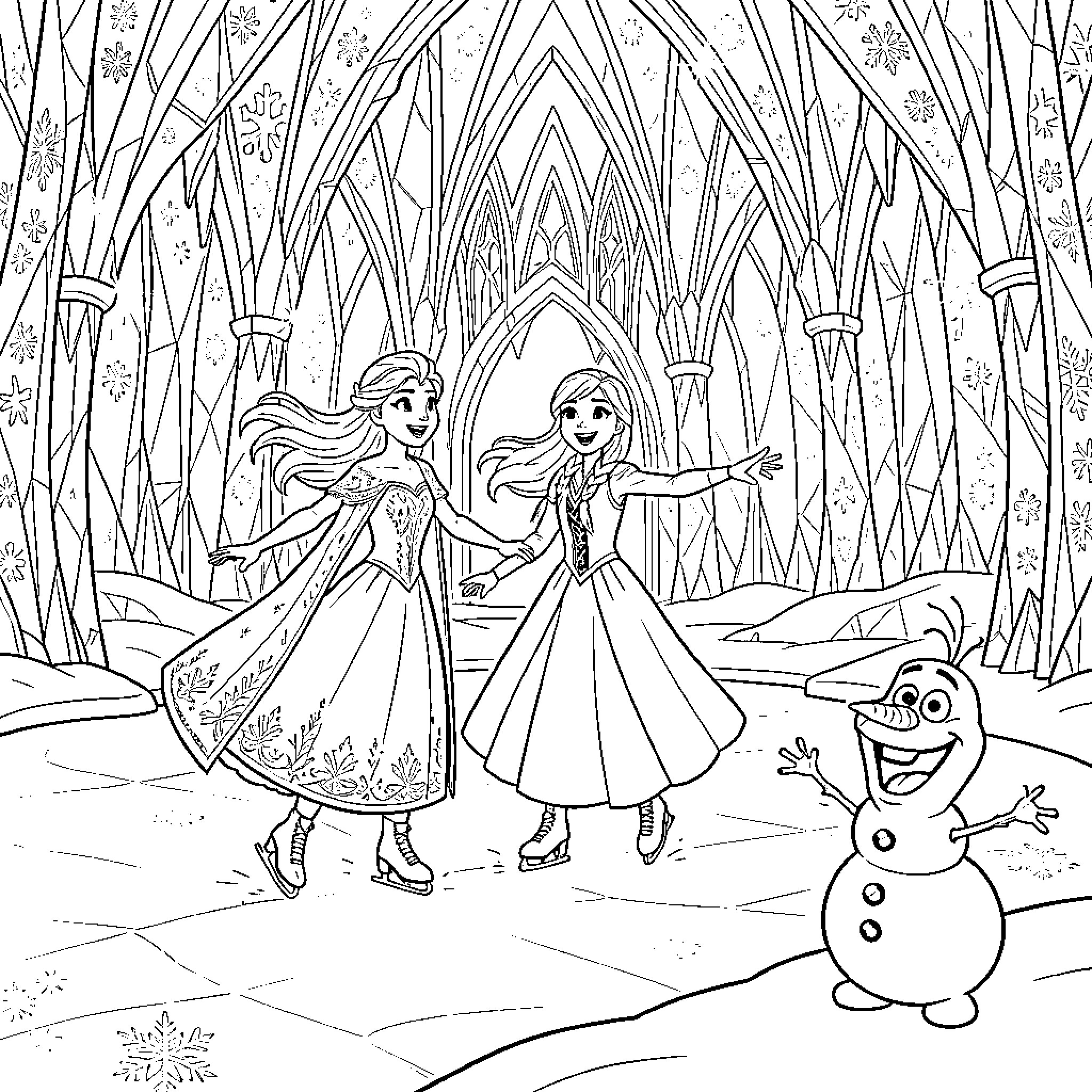 Elsa and Anna dancing joyfully in the snowy forest Coloring Page (free black-and-white line drawing printable PDF for all, from beginners to advanced learners, including children, teens, adults, and seniors)