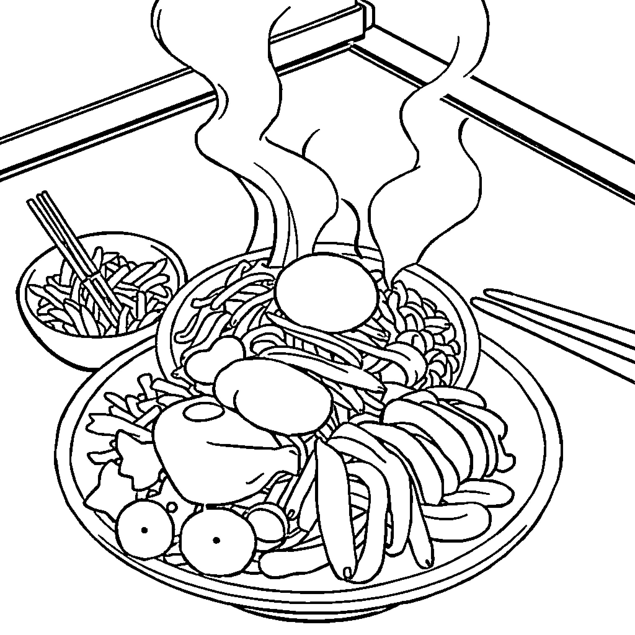 Korean Food with Steaming Noodles and Vegetables Coloring Page (free black-and-white line drawing printable PDF for all, from beginners to advanced learners, including children, teens, adults, and seniors)