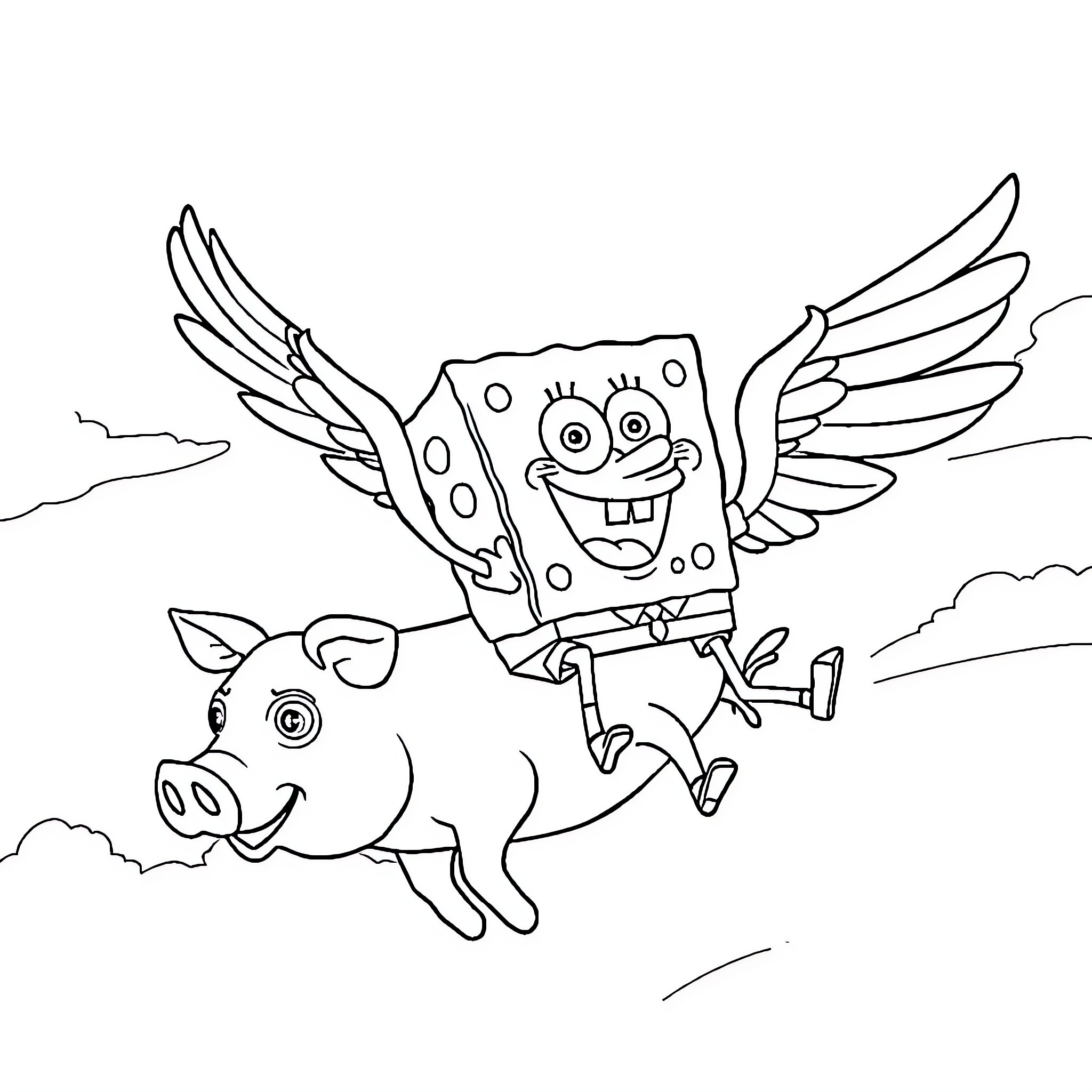 Spongebob flies joyfully on a pig with wings Coloring Page (free black-and-white line drawing printable PDF for all, from beginners to advanced learners, including children, teens, adults, and seniors)