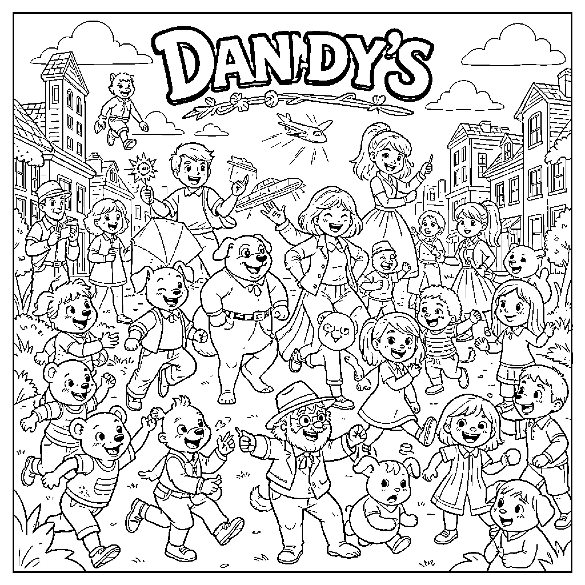 Dandy's Lively Street Celebration Coloring Page (free black-and-white line drawing printable PDF for all, from beginners to advanced learners, including children, teens, adults, and seniors)