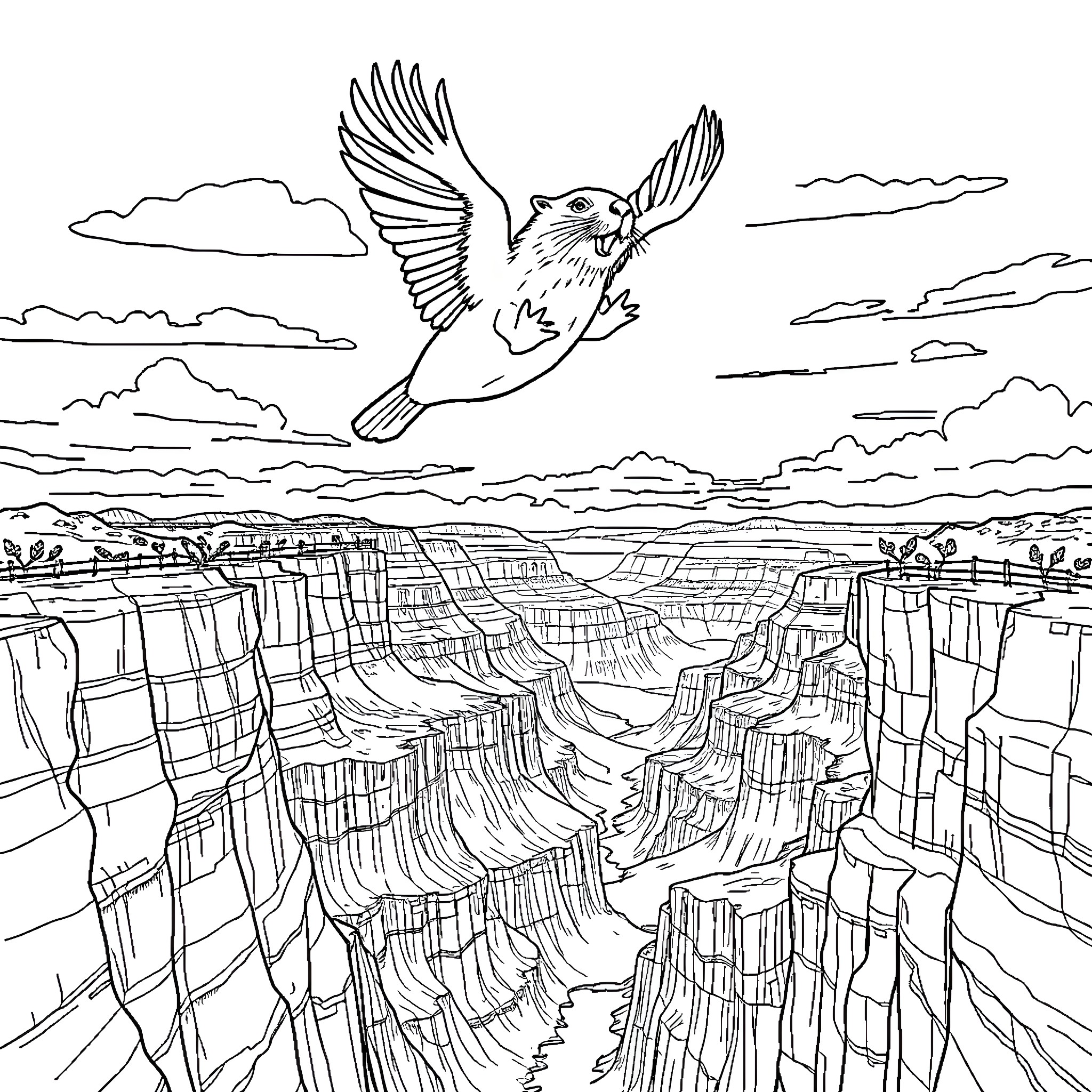 Beaver soaring freely over dramatic canyon landscape Coloring Page (free black-and-white line drawing printable PDF for all, from beginners to advanced learners, including children, teens, adults, and seniors)
