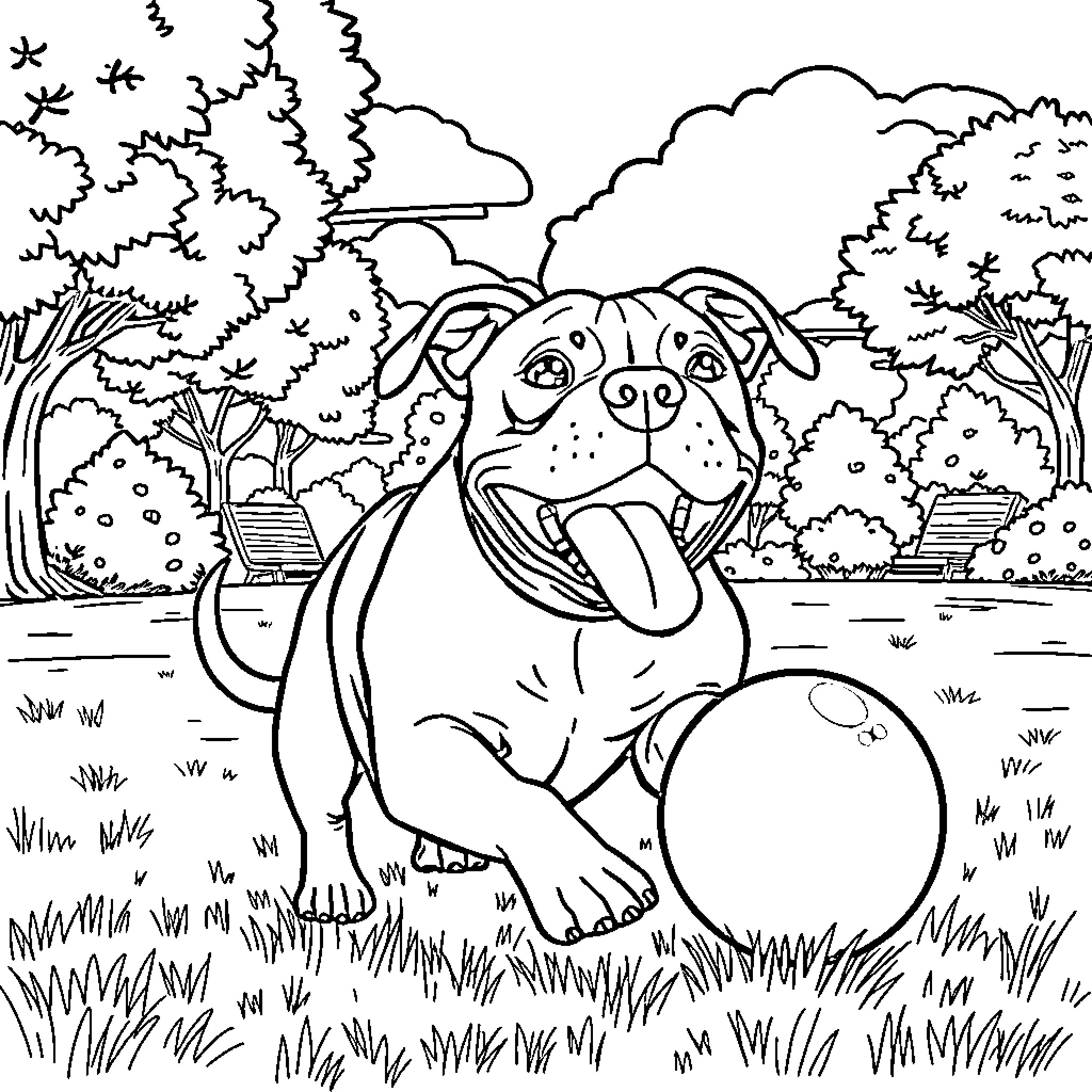 Pitbull playing joyfully in lush outdoor scenery Coloring Page (free black-and-white line drawing printable PDF for all, from beginners to advanced learners, including children, teens, adults, and seniors)