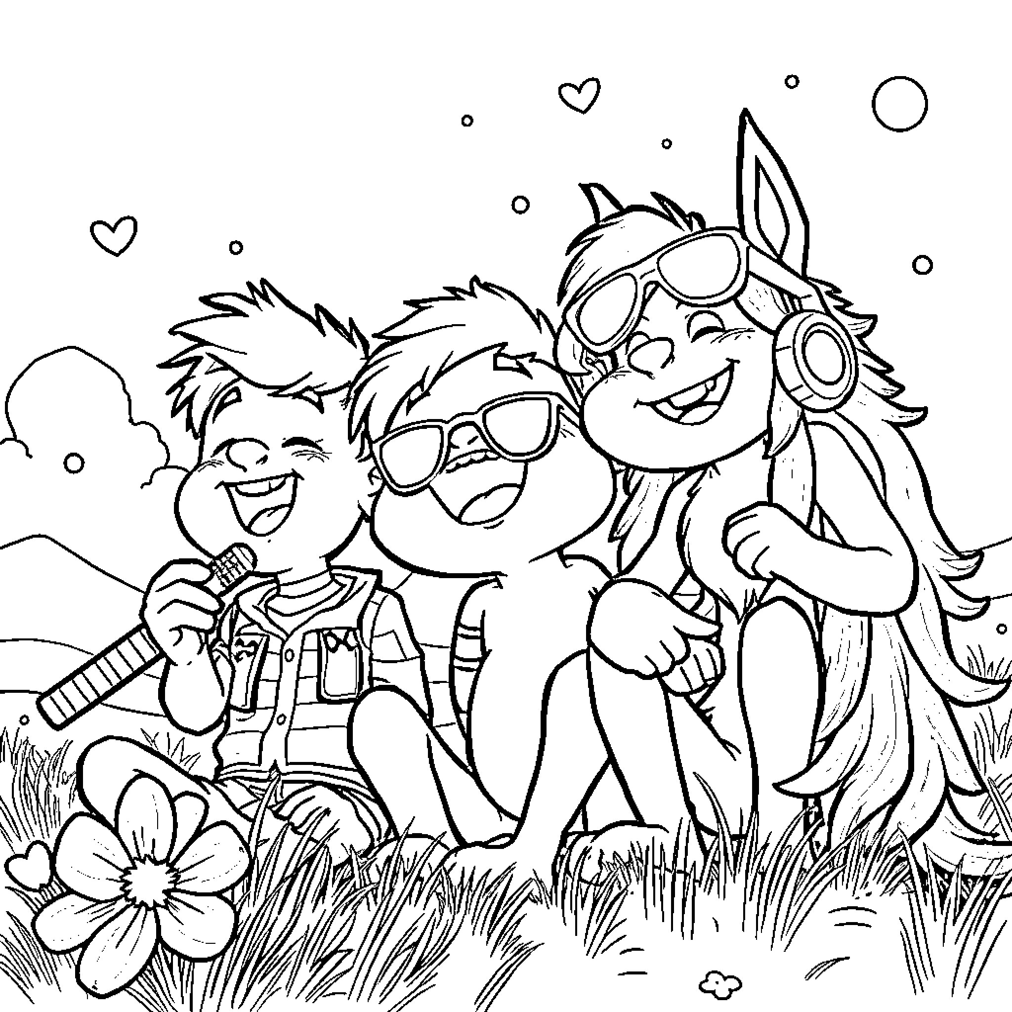 Sayaboy friends enjoying nature and music Coloring Page (free black-and-white line drawing printable PDF for all, from beginners to advanced learners, including children, teens, adults, and seniors)