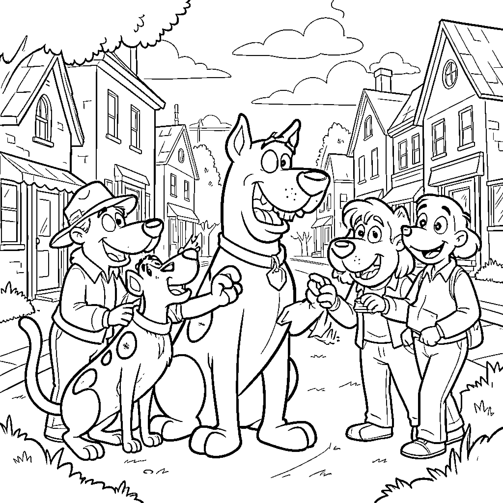 Scooby Doo and the Gang in a Lively Town Coloring Page (free black-and-white line drawing printable PDF for all, from beginners to advanced learners, including children, teens, adults, and seniors)