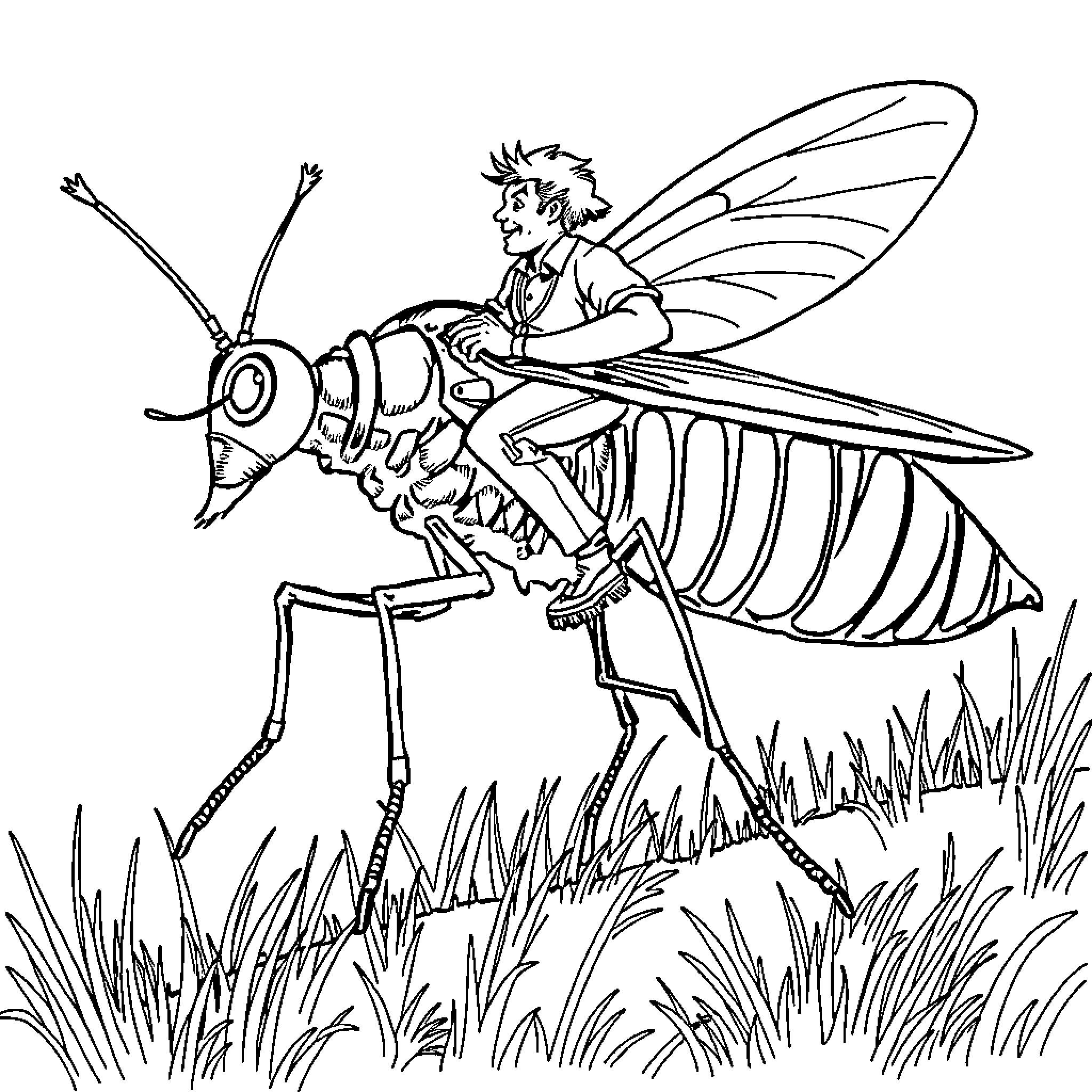Mosquito exploring the grassy meadow Coloring Page (free black-and-white line drawing printable PDF for all, from beginners to advanced learners, including children, teens, adults, and seniors)