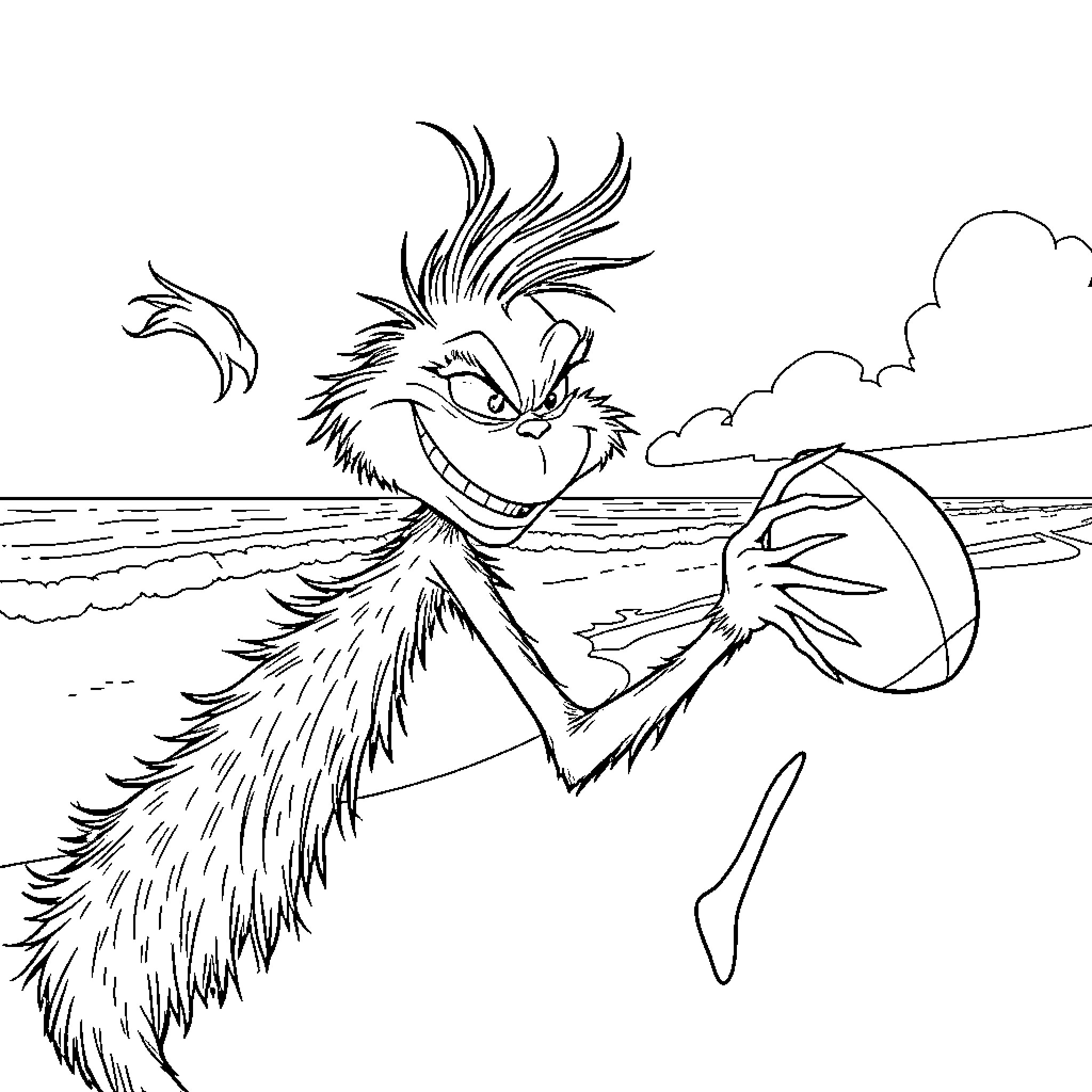 Grinch enjoying a day at the beach Coloring Page (free black-and-white line drawing printable PDF for all, from beginners to advanced learners, including children, teens, adults, and seniors)