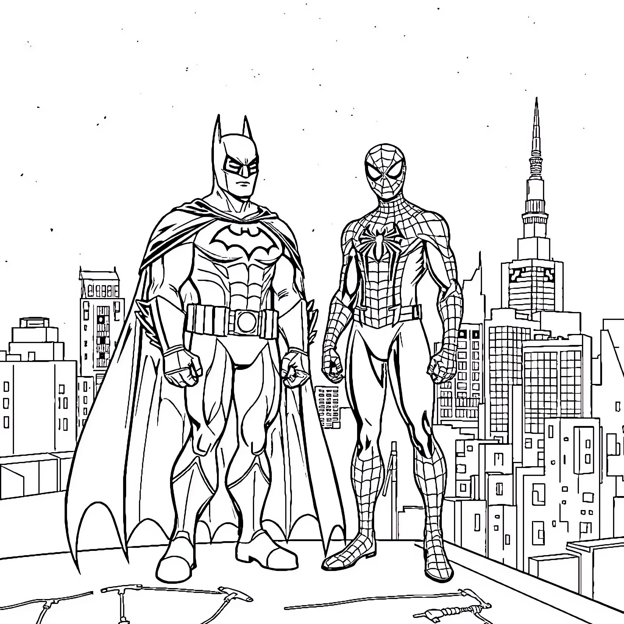 Batman and Spider-Man heroically standing together in the city Coloring Page (free black-and-white line drawing printable PDF for all, from beginners to advanced learners, including children, teens, adults, and seniors)