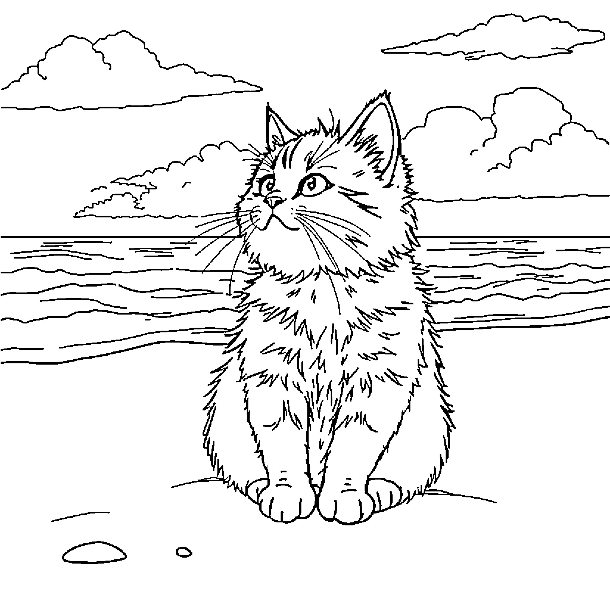Cat enjoying the scenic outdoors by the water Coloring Page (free black-and-white line drawing printable PDF for all, from beginners to advanced learners, including children, teens, adults, and seniors)
