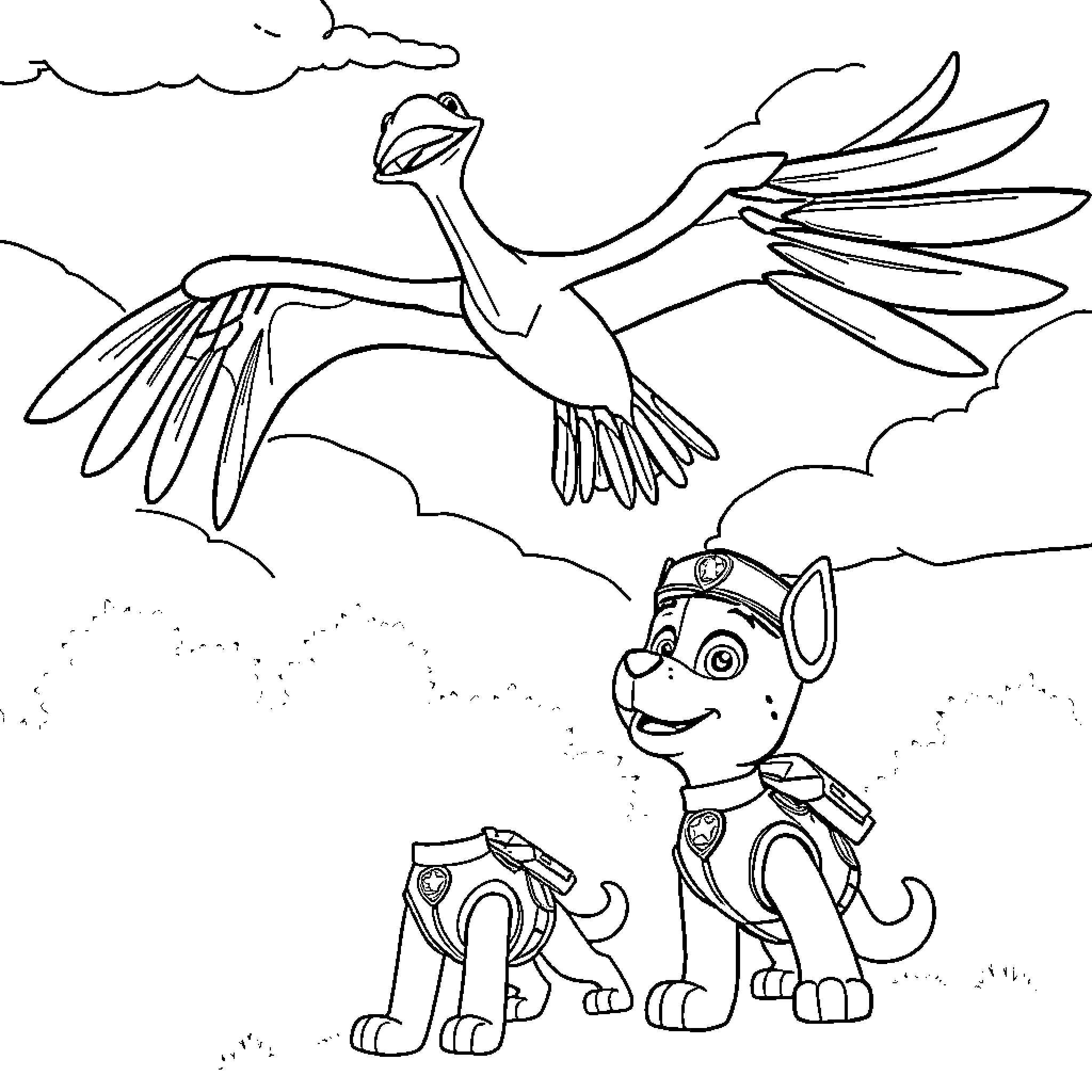 Pterodactyl soaring over dog in uniform Coloring Page (free black-and-white line drawing printable PDF for all, from beginners to advanced learners, including children, teens, adults, and seniors)