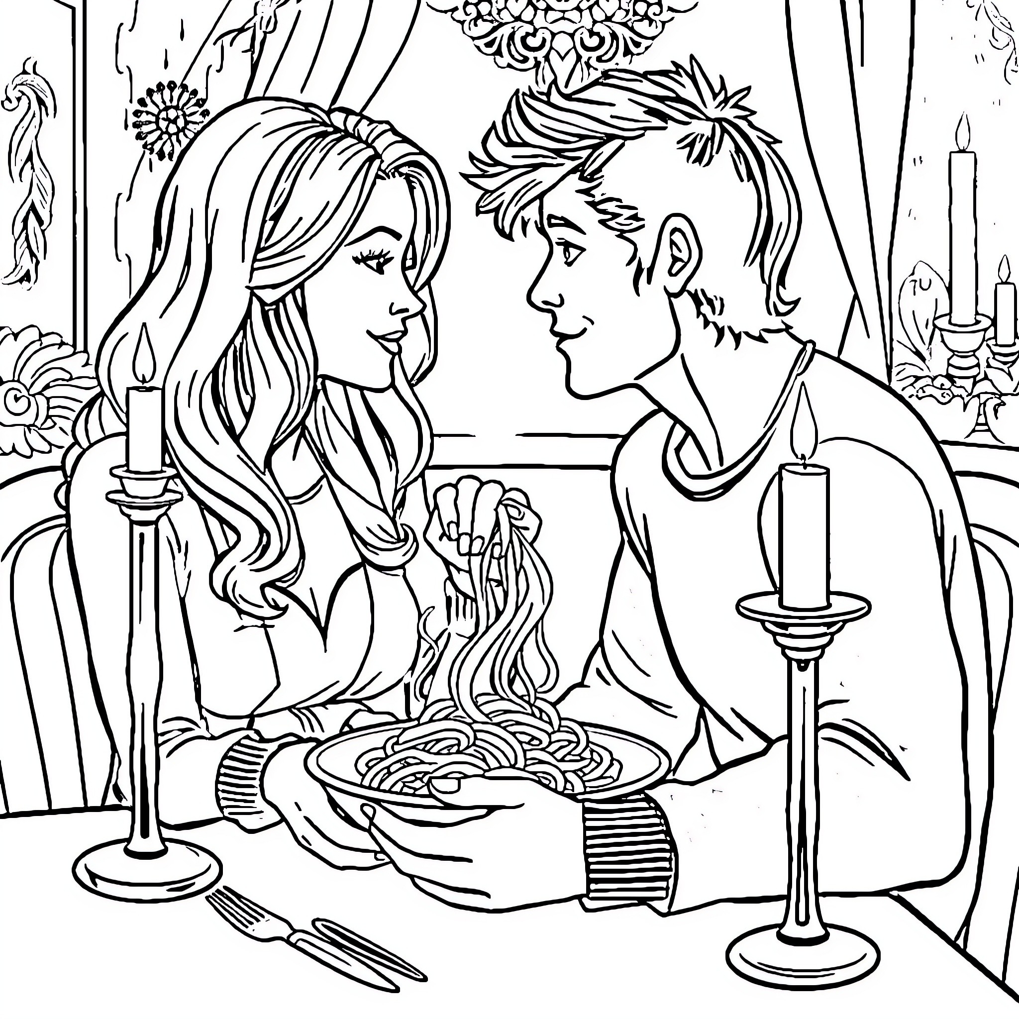 Lady And The Tramp Enjoying A Romantic Dinner Coloring Page (free black-and-white line drawing printable PDF for all, from beginners to advanced learners, including children, teens, adults, and seniors)