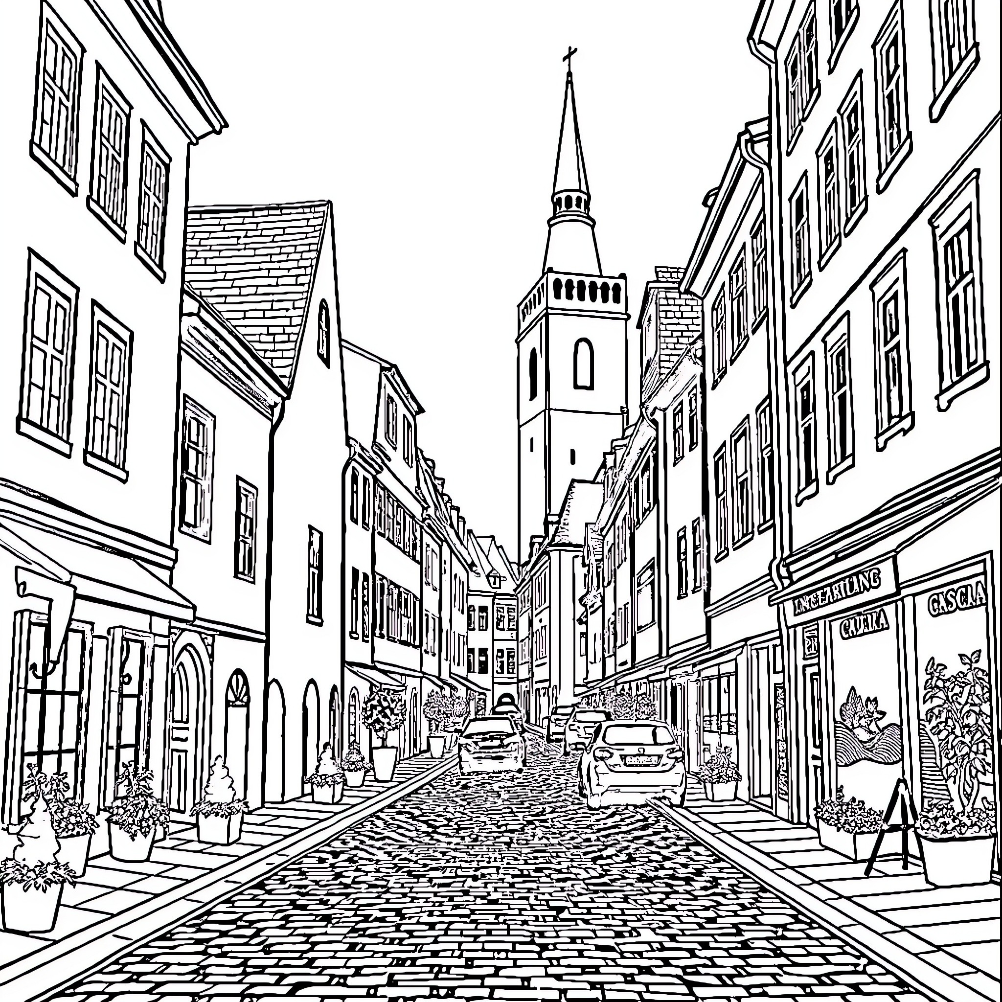 Stitch of an Old-Fashioned European Town Street Coloring Page (free black-and-white line drawing printable PDF for all, from beginners to advanced learners, including children, teens, adults, and seniors)