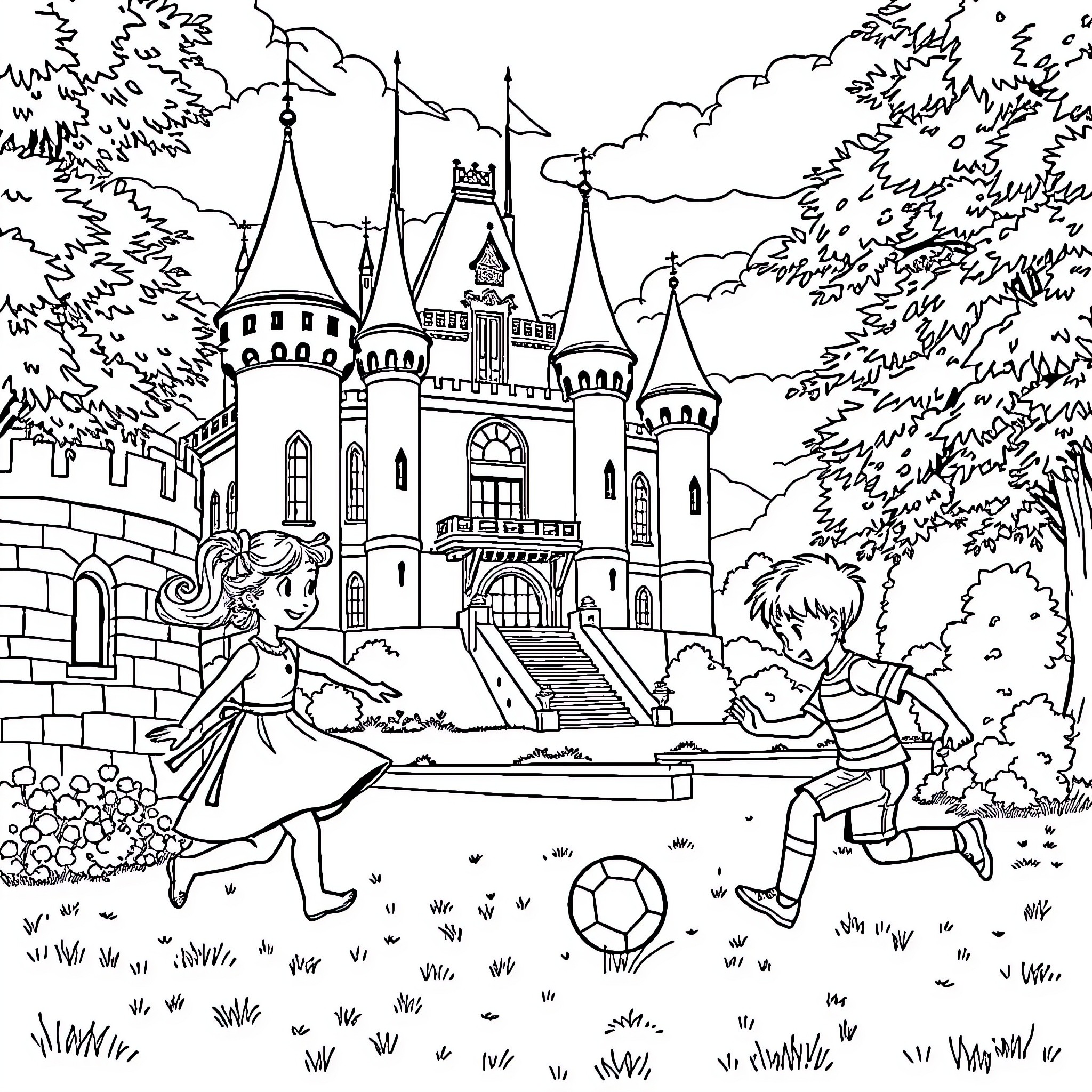 Child playing near a grand castle in nature Coloring Page (free black-and-white line drawing printable PDF for all, from beginners to advanced learners, including children, teens, adults, and seniors)