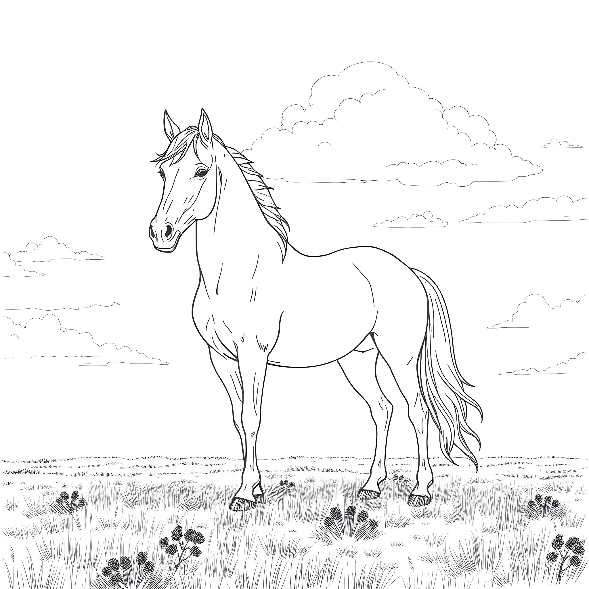 Horse standing in a grassy field with clouds Coloring Page (free black-and-white line drawing printable PDF for all, from beginners to advanced learners, including children, teens, adults, and seniors)