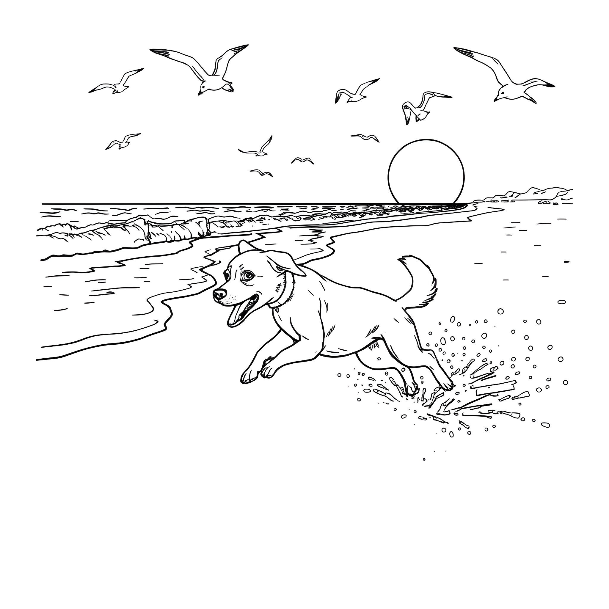 Dog running and playing on the beach Coloring Page (free black-and-white line drawing printable PDF for all, from beginners to advanced learners, including children, teens, adults, and seniors)