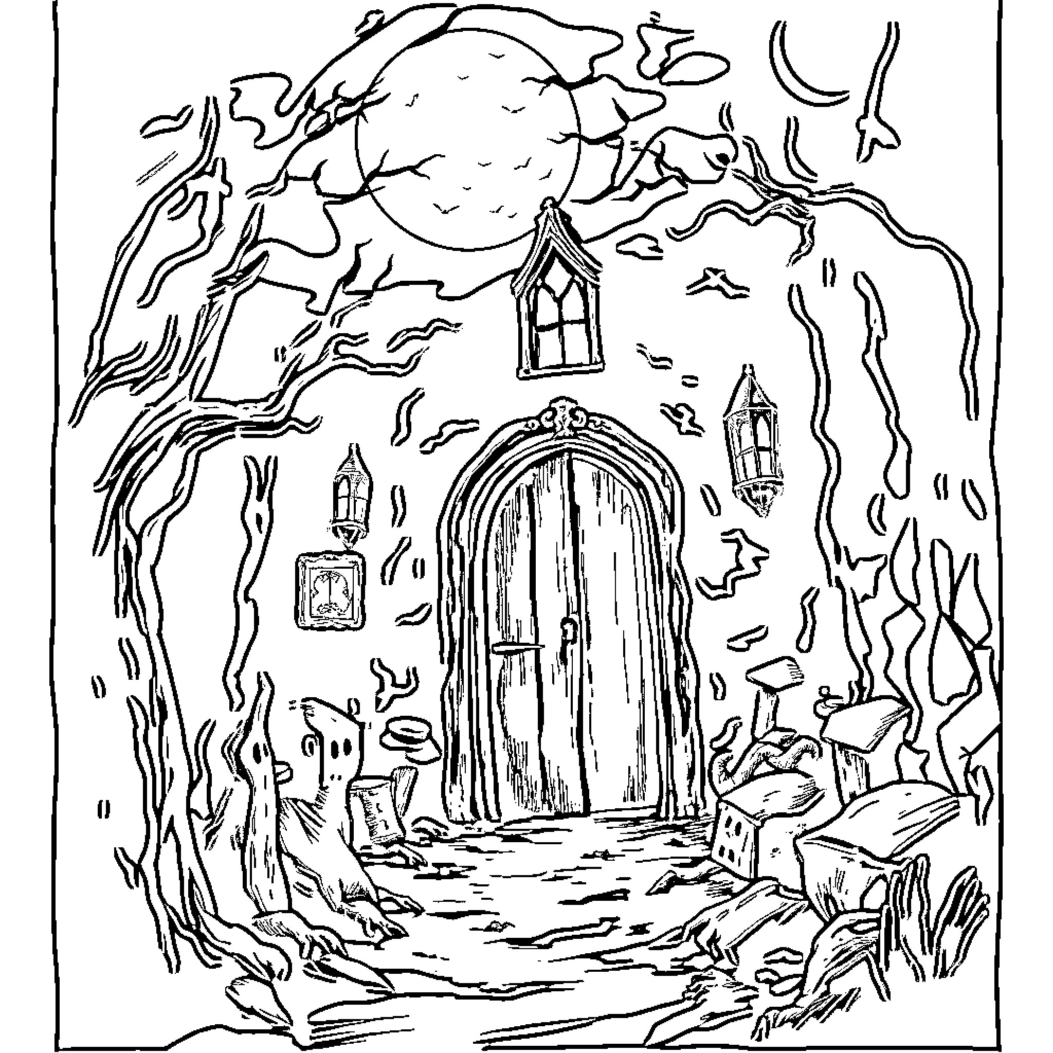Scary Enchanted Forest Entrance with Haunting Moon Coloring Page (free black-and-white line drawing printable PDF for all, from beginners to advanced learners, including children, teens, adults, and seniors)