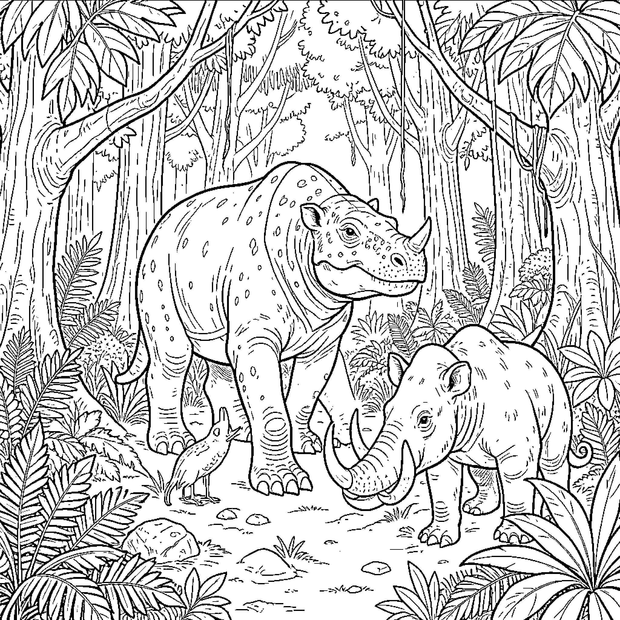 Extinct Animals in Lush Jungle Habitat Coloring Page (free black-and-white line drawing printable PDF for all, from beginners to advanced learners, including children, teens, adults, and seniors)