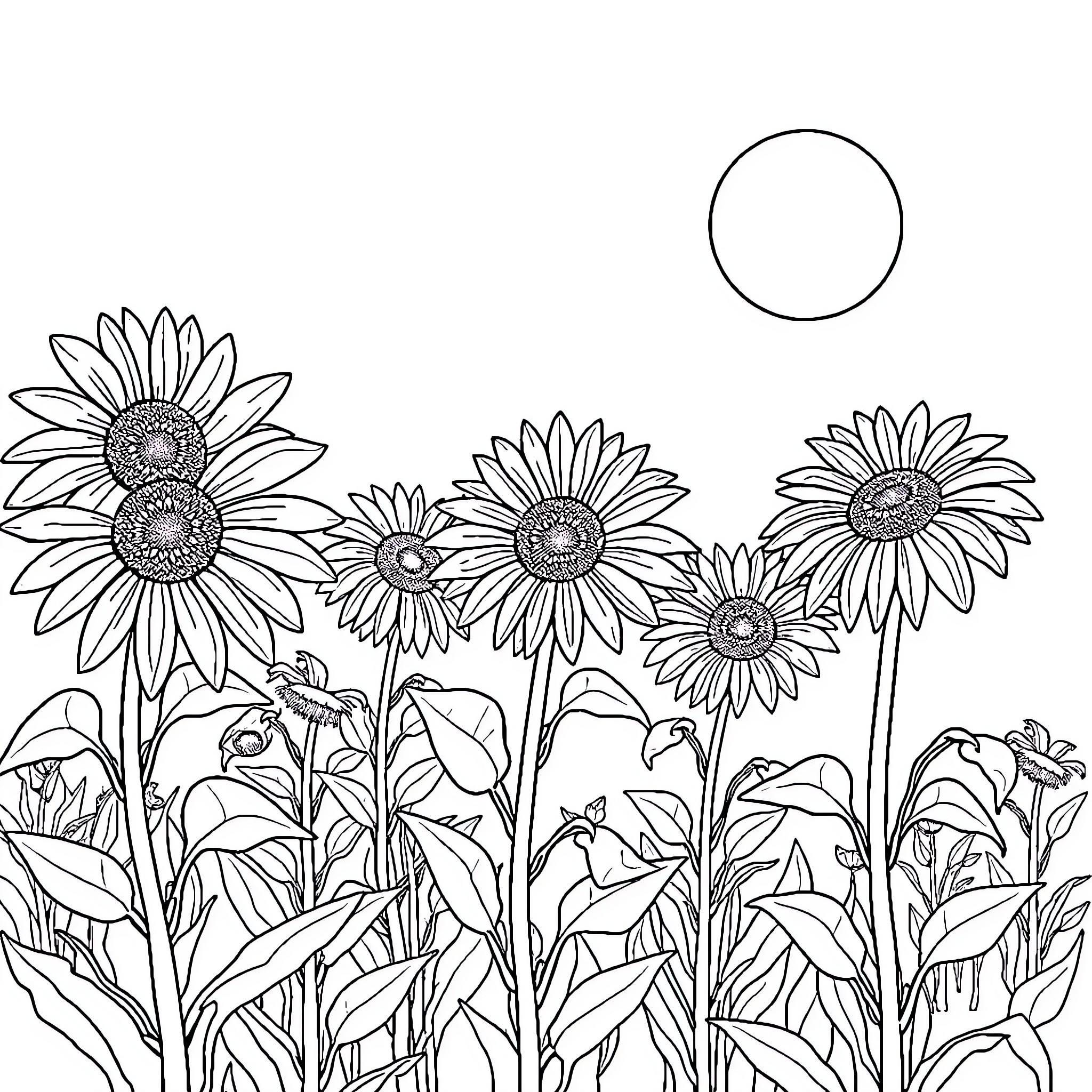 Sunflower field in black and white Coloring Page (free black-and-white line drawing printable PDF for all, from beginners to advanced learners, including children, teens, adults, and seniors)