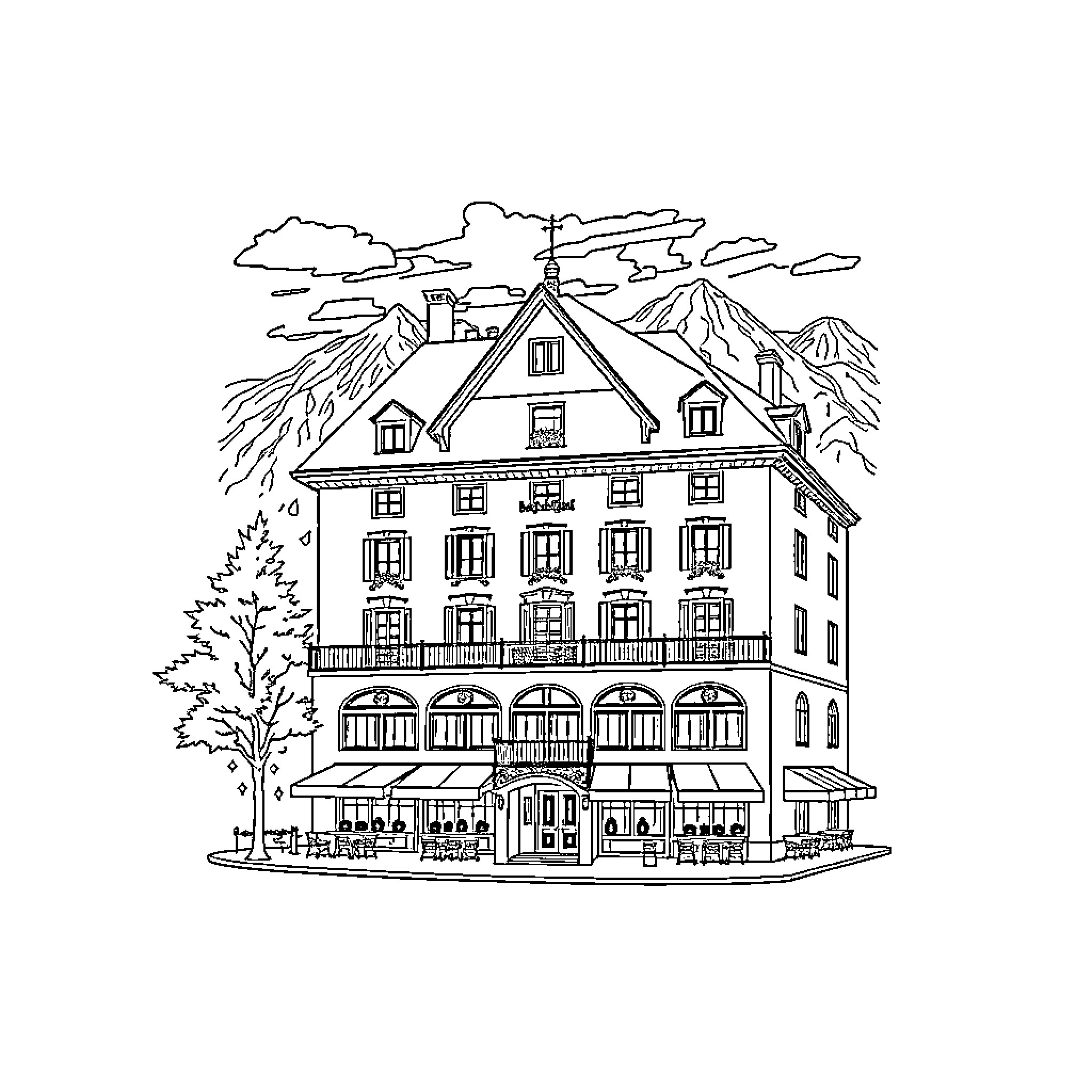 Hotel with Charming Architecture in Mountain Landscape Coloring Page (free black-and-white line drawing printable PDF for all, from beginners to advanced learners, including children, teens, adults, and seniors)