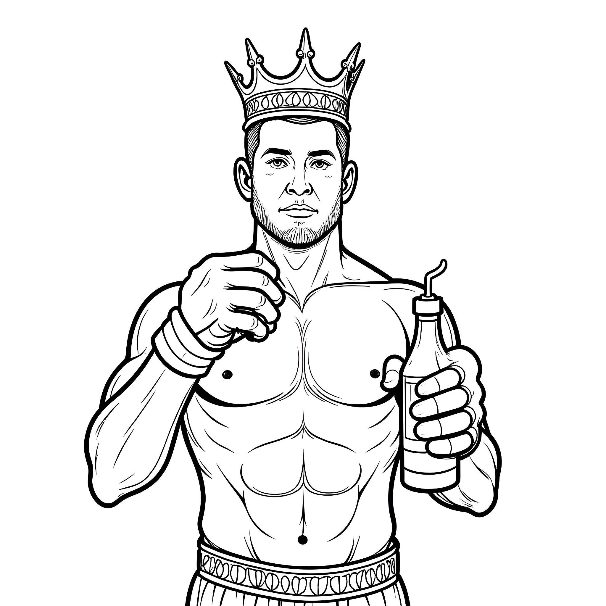 Boxer King Flexing with Crown and Bottle Coloring Page (free black-and-white line drawing printable PDF for all, from beginners to advanced learners, including children, teens, adults, and seniors)