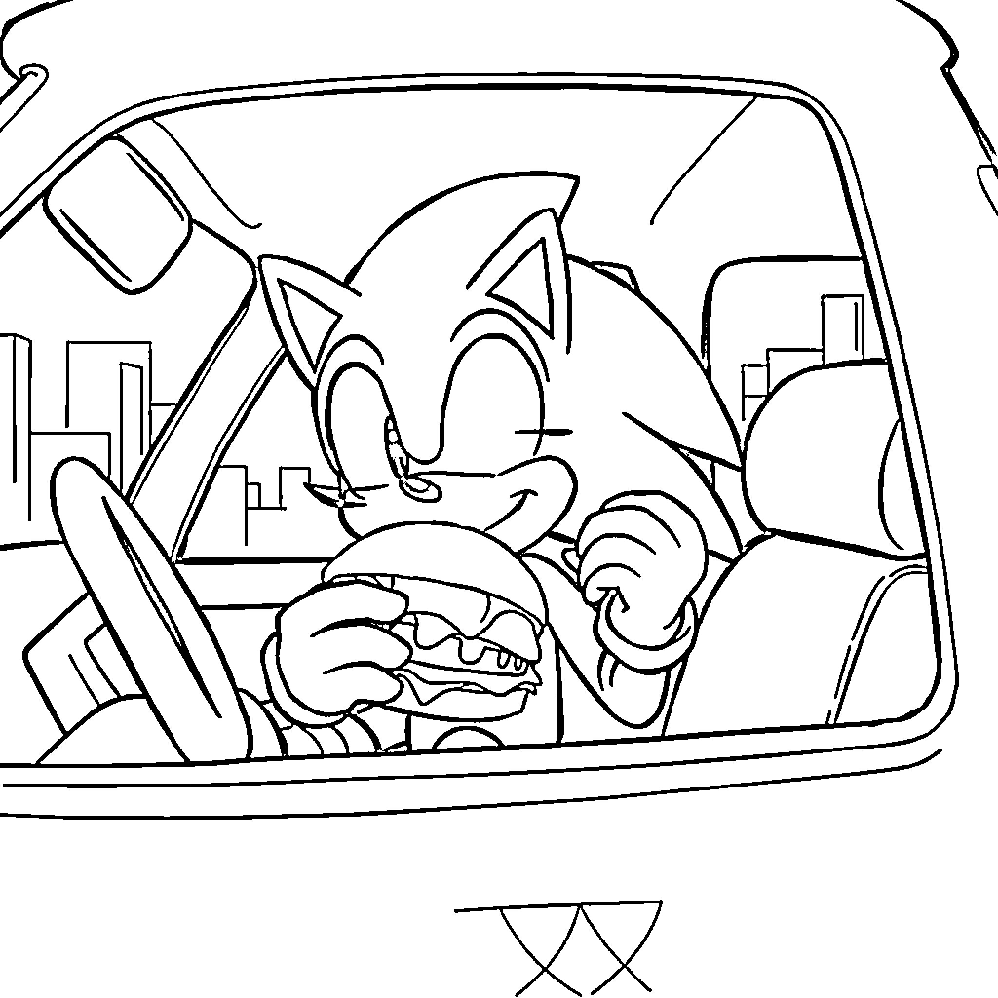 Sonic Driving Through the City Coloring Page (free black-and-white line drawing printable PDF for all, from beginners to advanced learners, including children, teens, adults, and seniors)