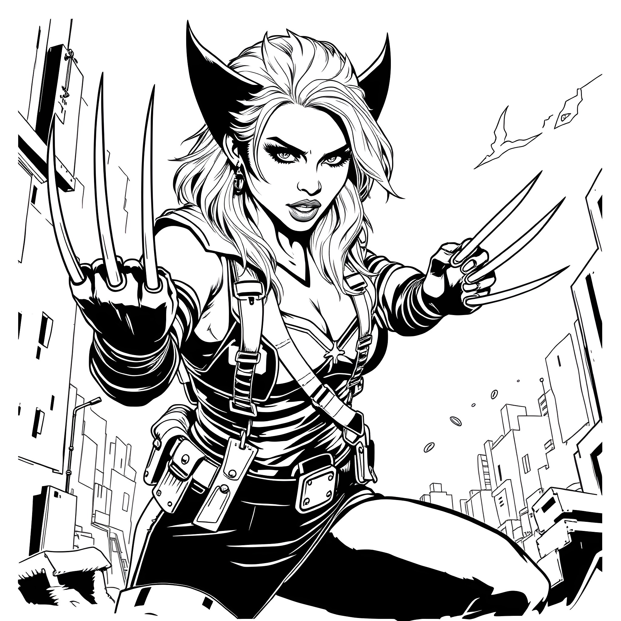 Miley Cyrus as a fierce warrior in an urban setting Coloring Page (free black-and-white line drawing printable PDF for all, from beginners to advanced learners, including children, teens, adults, and seniors)