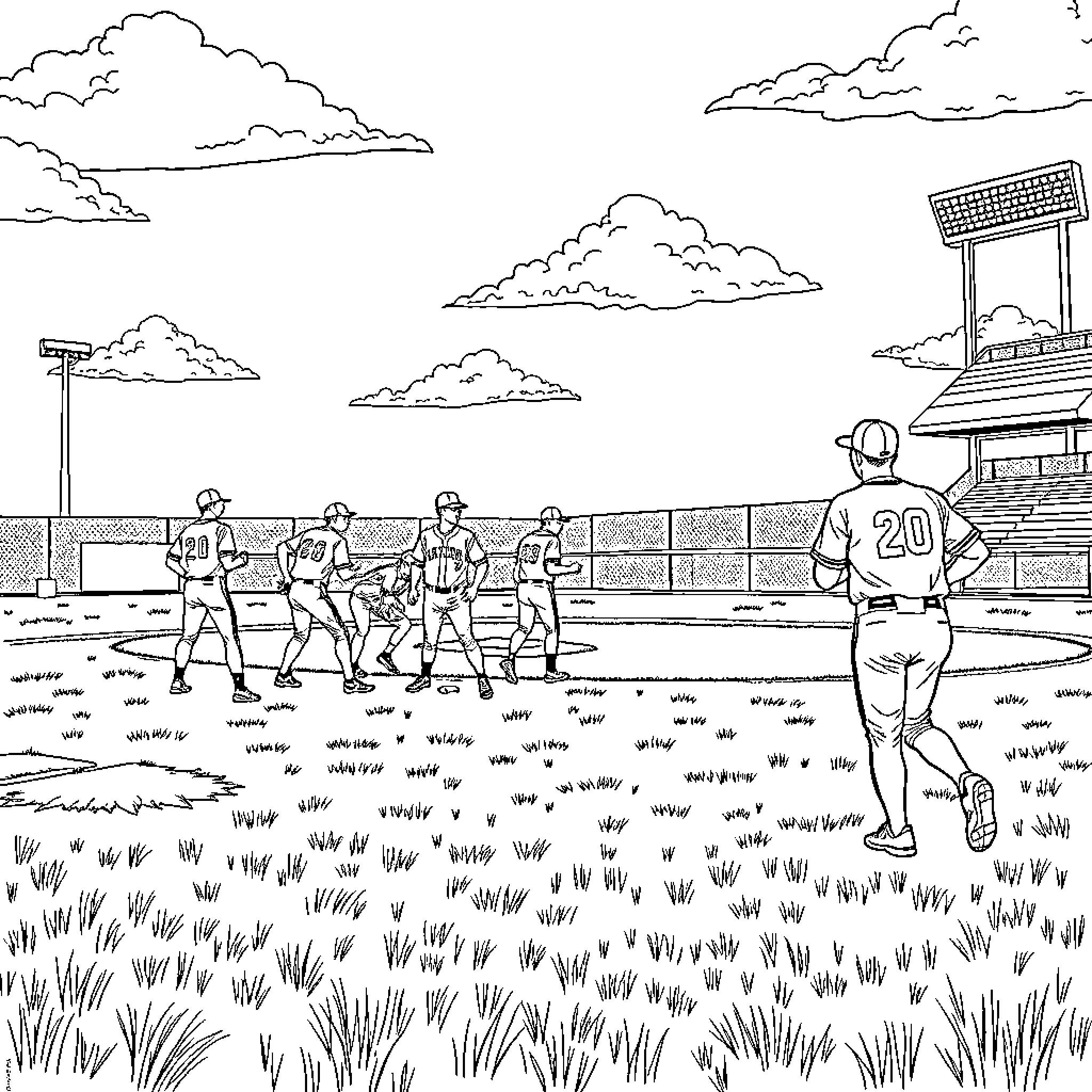 Baseball players warming up on the field Coloring Page (free black-and-white line drawing printable PDF for all, from beginners to advanced learners, including children, teens, adults, and seniors)
