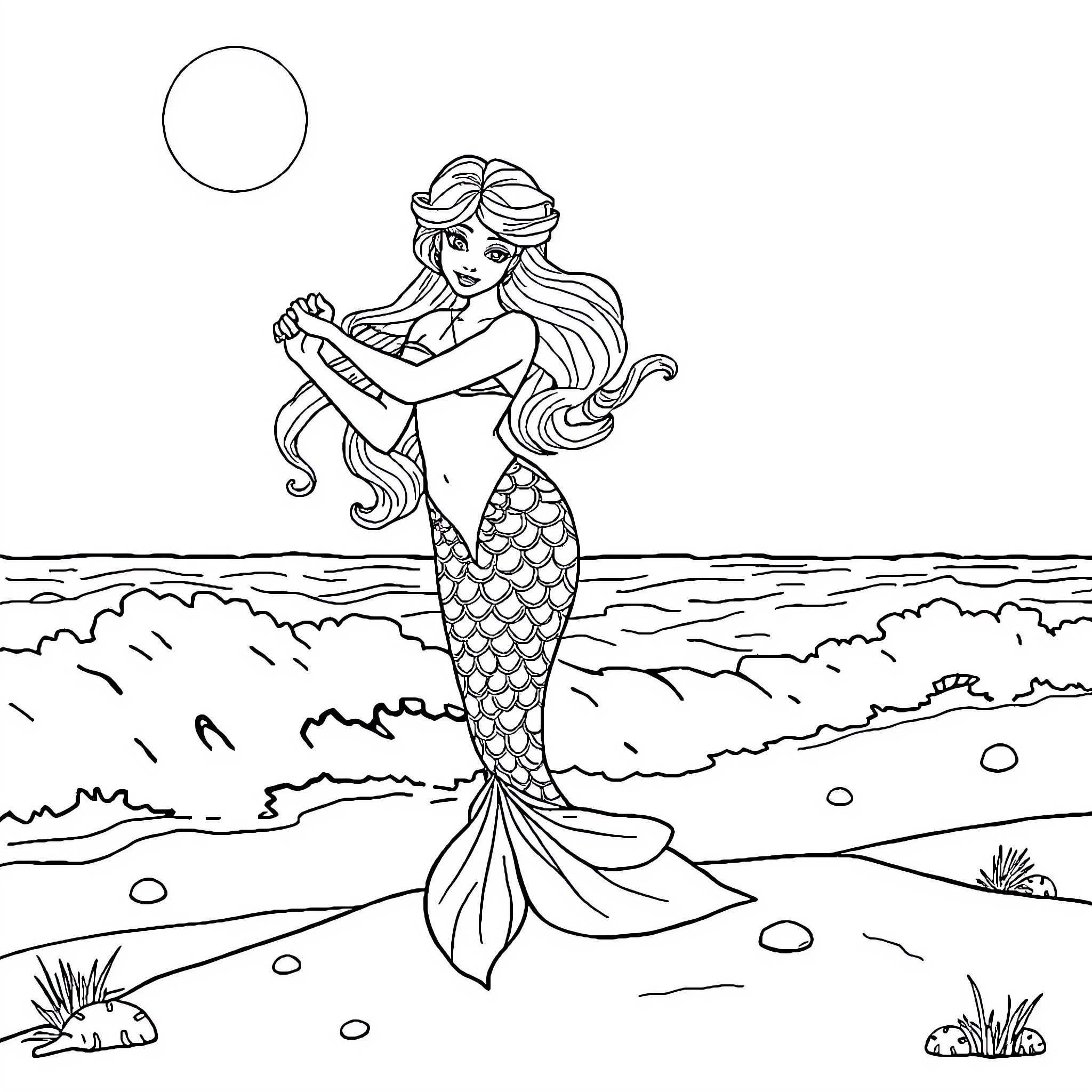 Mermaid playing with seashells on the beach Coloring Page (free black-and-white line drawing printable PDF for all, from beginners to advanced learners, including children, teens, adults, and seniors)