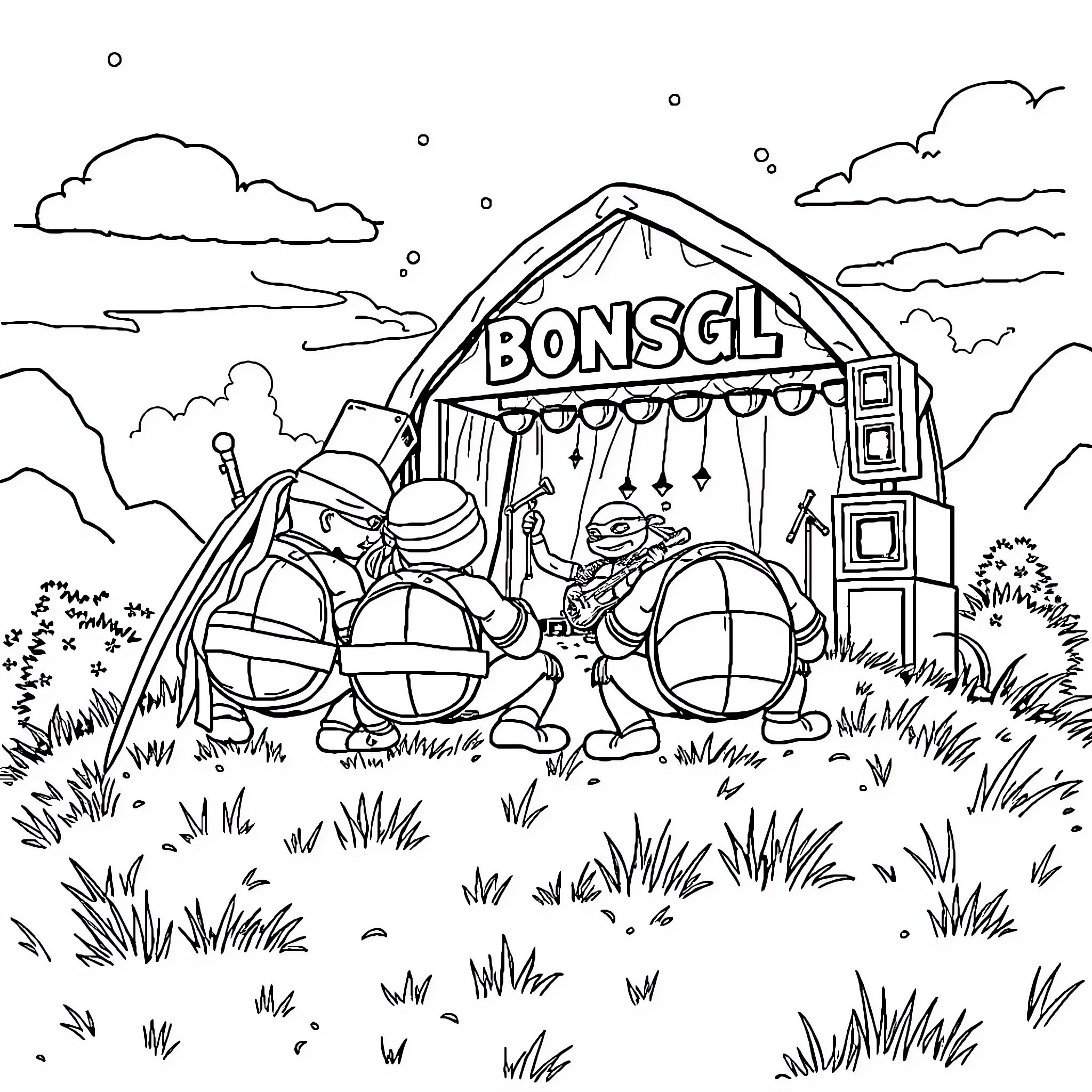 Ninja Turtles having fun at a carnival booth Coloring Page (free black-and-white line drawing printable PDF for all, from beginners to advanced learners, including children, teens, adults, and seniors)