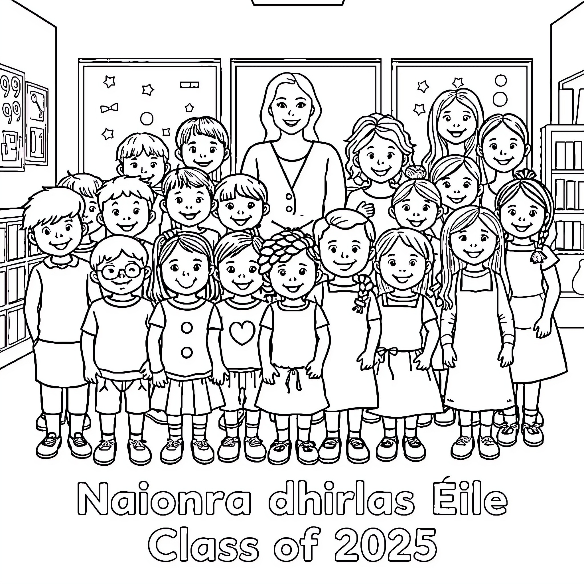 Child group photo of school class Coloring Page (free black-and-white line drawing printable PDF for all, from beginners to advanced learners, including children, teens, adults, and seniors)