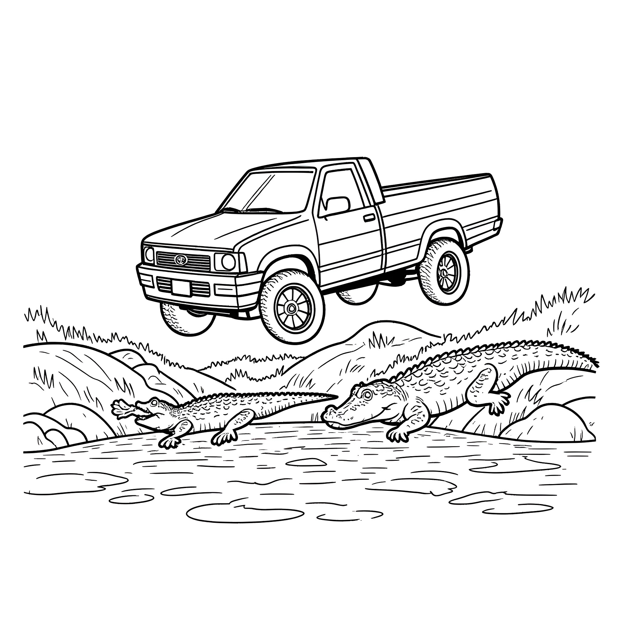 Toyota pickup truck traversing muddy terrain with alligators Coloring Page (free black-and-white line drawing printable PDF for all, from beginners to advanced learners, including children, teens, adults, and seniors)