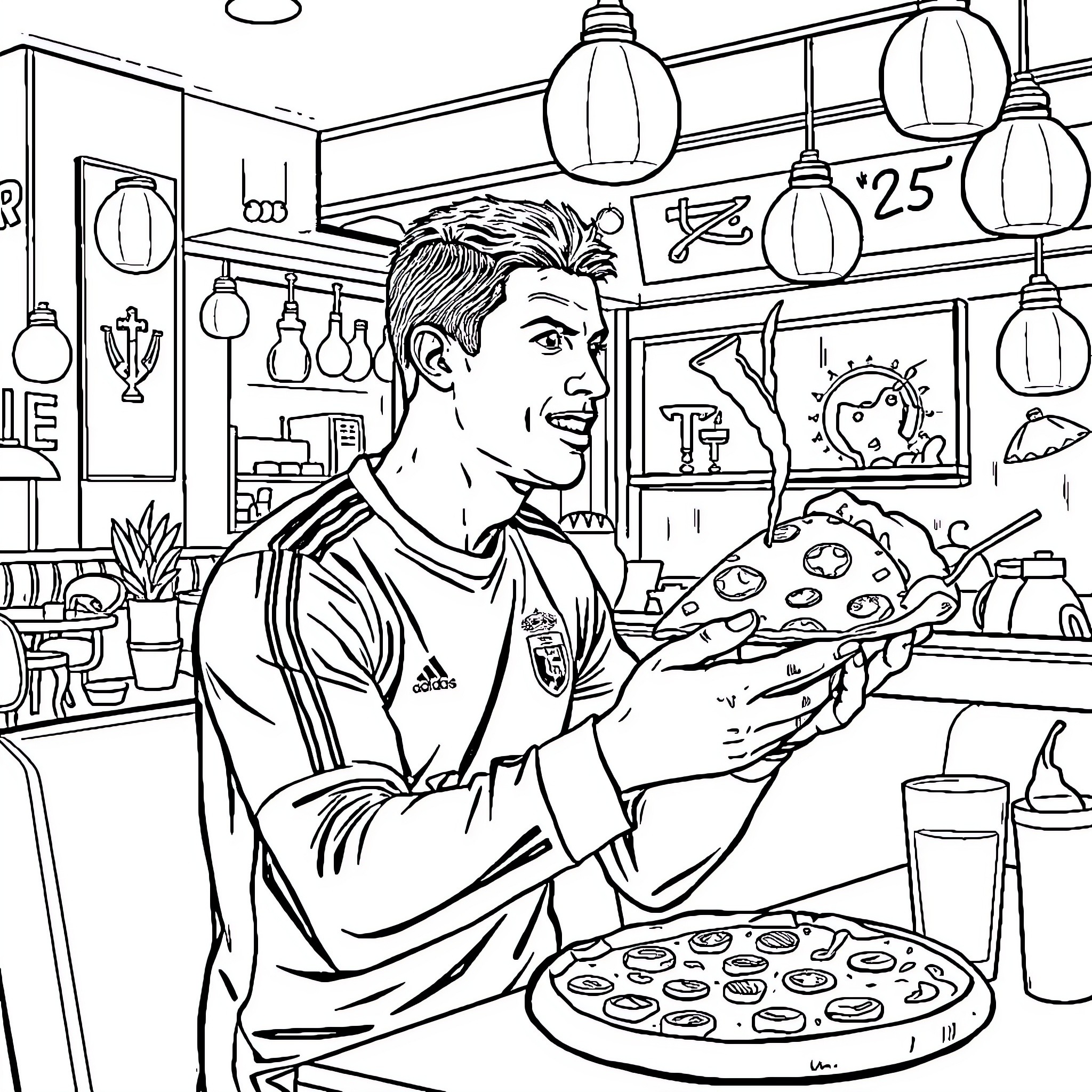 Cr7 Enjoying Pizza and Restaurant Decor Coloring Page (free black-and-white line drawing printable PDF for all, from beginners to advanced learners, including children, teens, adults, and seniors)