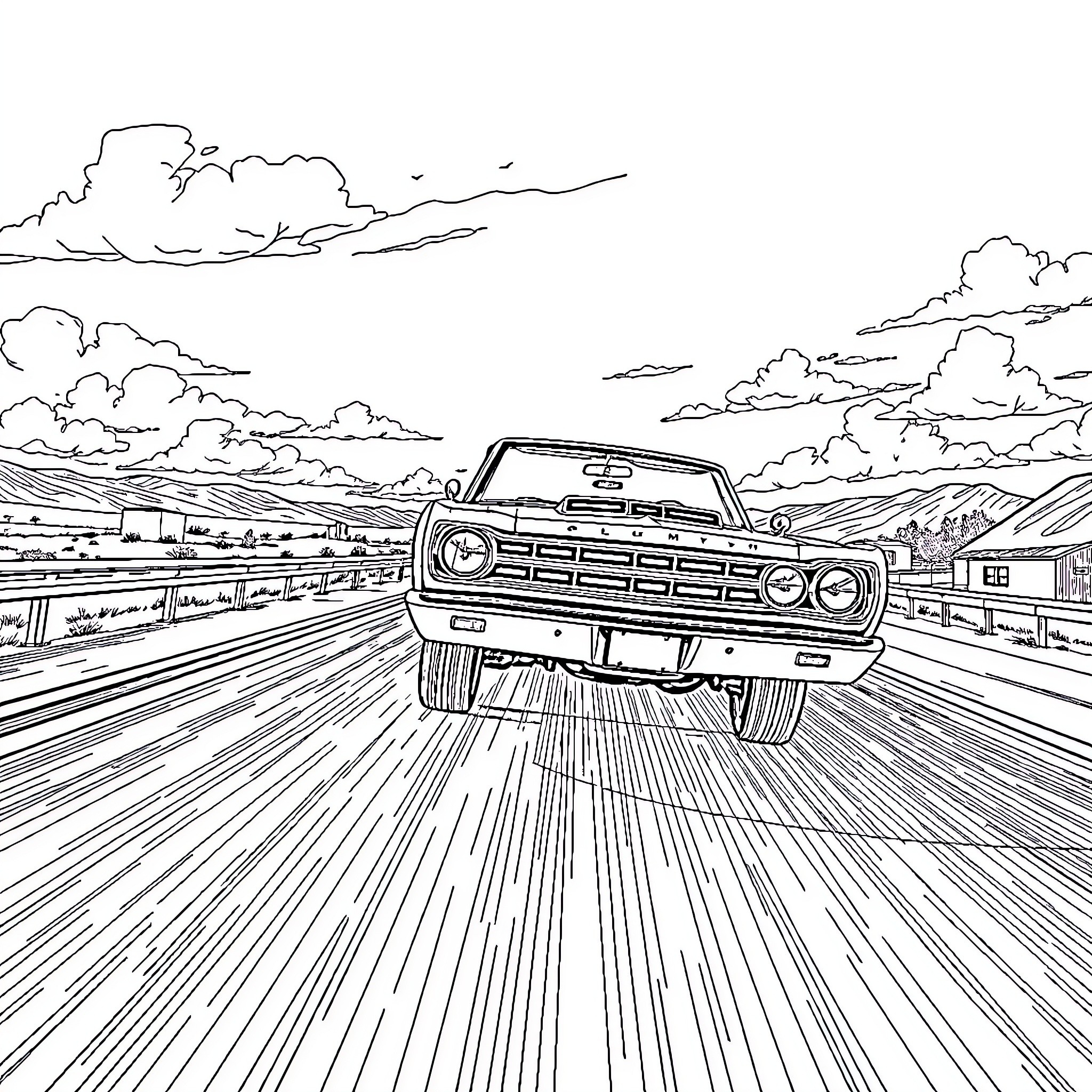 Plymouth GTX speeding through open road Coloring Page (free black-and-white line drawing printable PDF for all, from beginners to advanced learners, including children, teens, adults, and seniors)