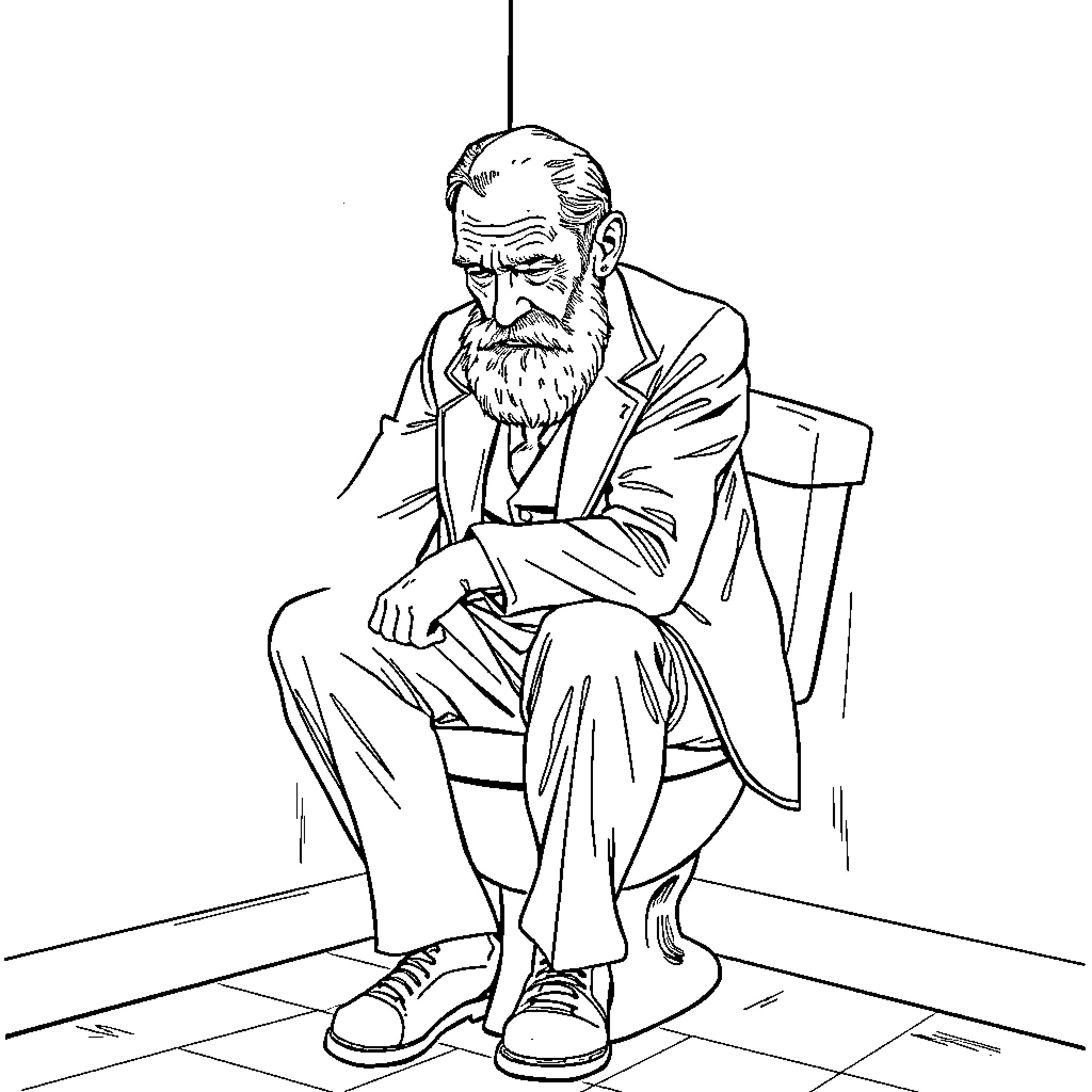 Sigmund Freud sitting pensively in contemplation Coloring Page (free black-and-white line drawing printable PDF for all, from beginners to advanced learners, including children, teens, adults, and seniors)