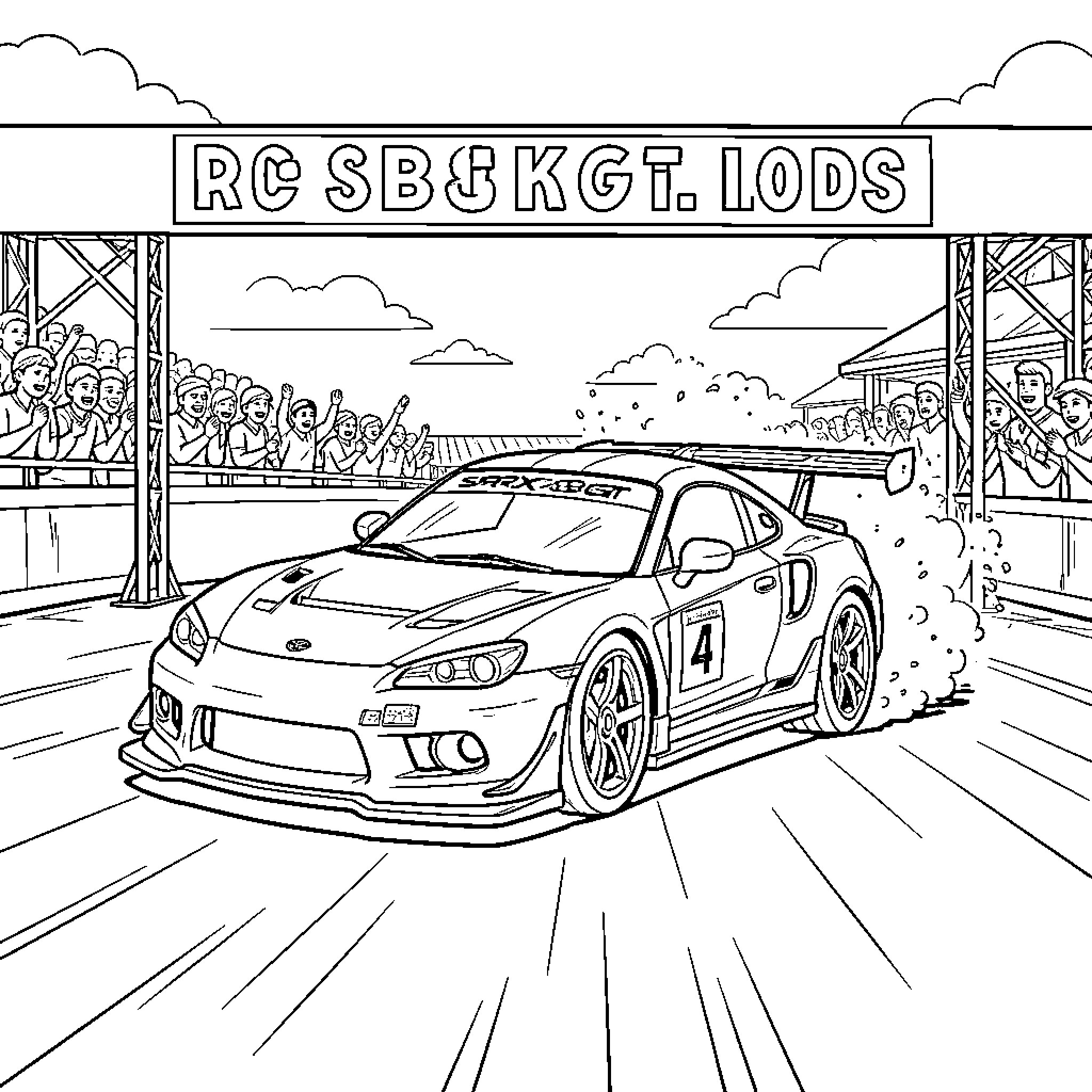 RC Car racing fast through a cheering crowd Coloring Page (free black-and-white line drawing printable PDF for all, from beginners to advanced learners, including children, teens, adults, and seniors)