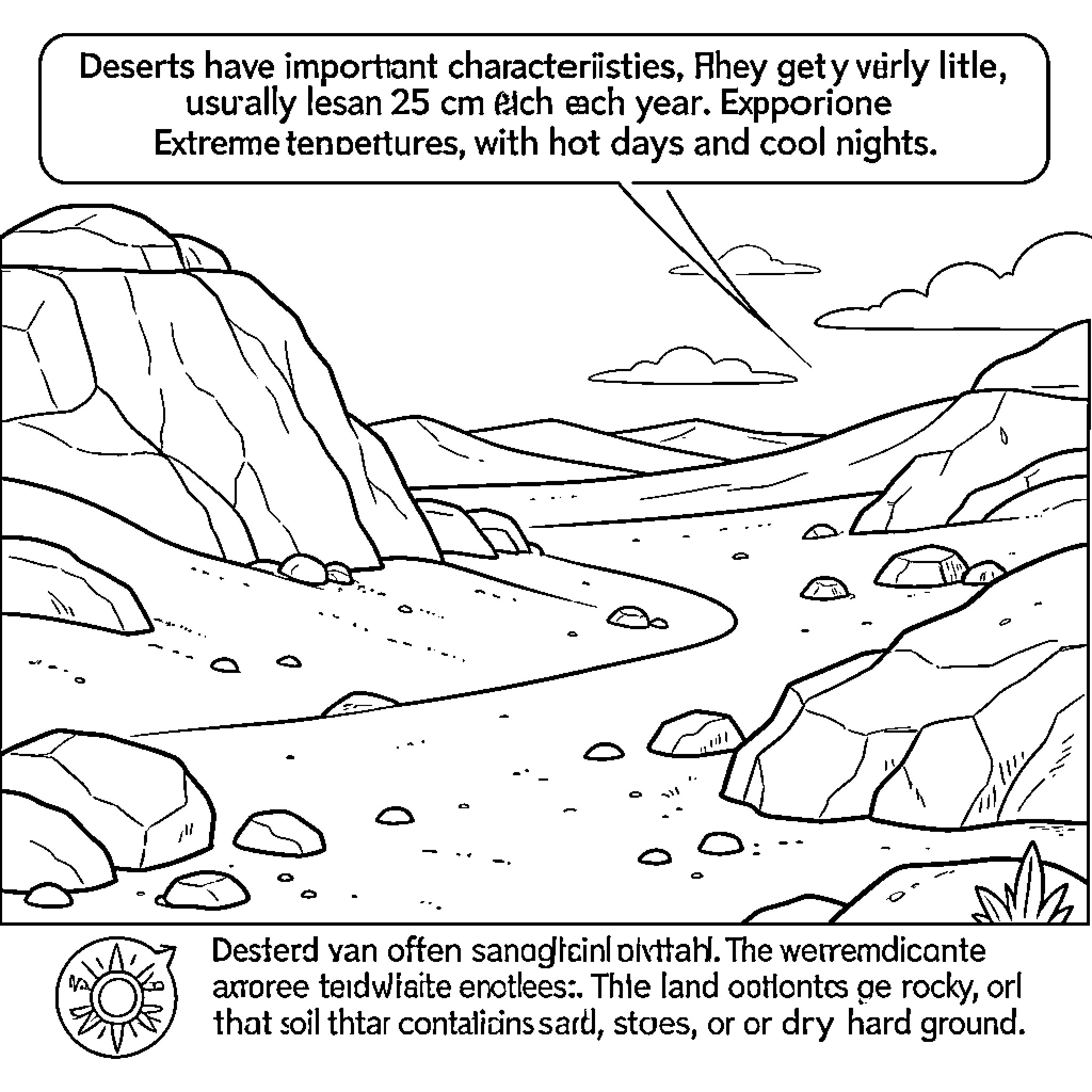 Desert landscape featuring mountains and rocky terrain Coloring Page (free black-and-white line drawing printable PDF for all, from beginners to advanced learners, including children, teens, adults, and seniors)