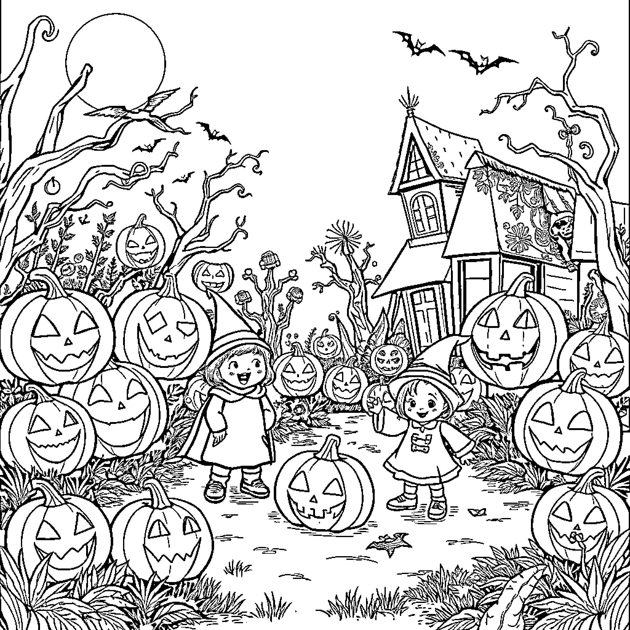 Halloween scene with pumpkins, bats, and children Coloring Page (free black-and-white line drawing printable PDF for all, from beginners to advanced learners, including children, teens, adults, and seniors)