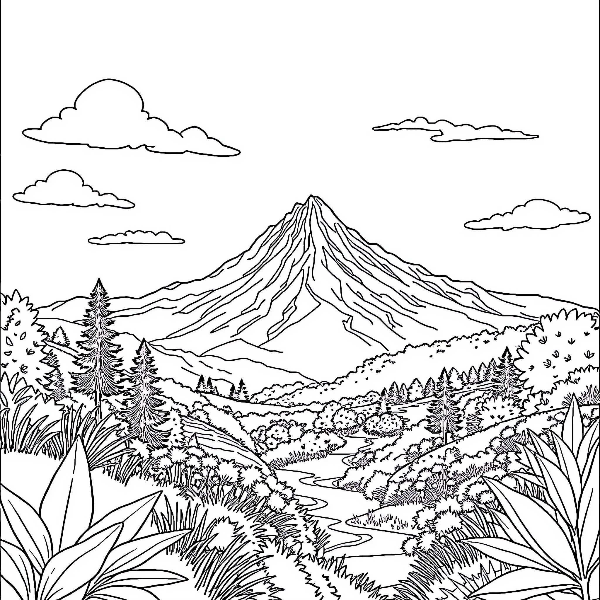 Nature's Majestic Mountain Landscape Coloring Page (free black-and-white line drawing printable PDF for all, from beginners to advanced learners, including children, teens, adults, and seniors)