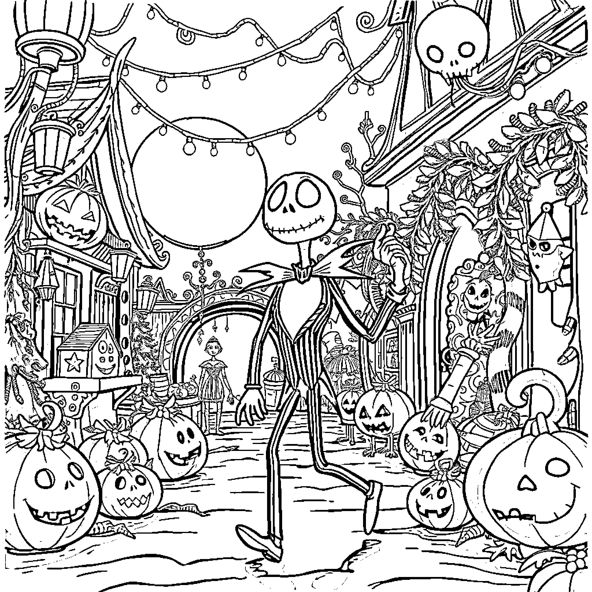Nightmare Before Christmas Spooky Halloween Town Scene Coloring Page (free black-and-white line drawing printable PDF for all, from beginners to advanced learners, including children, teens, adults, and seniors)