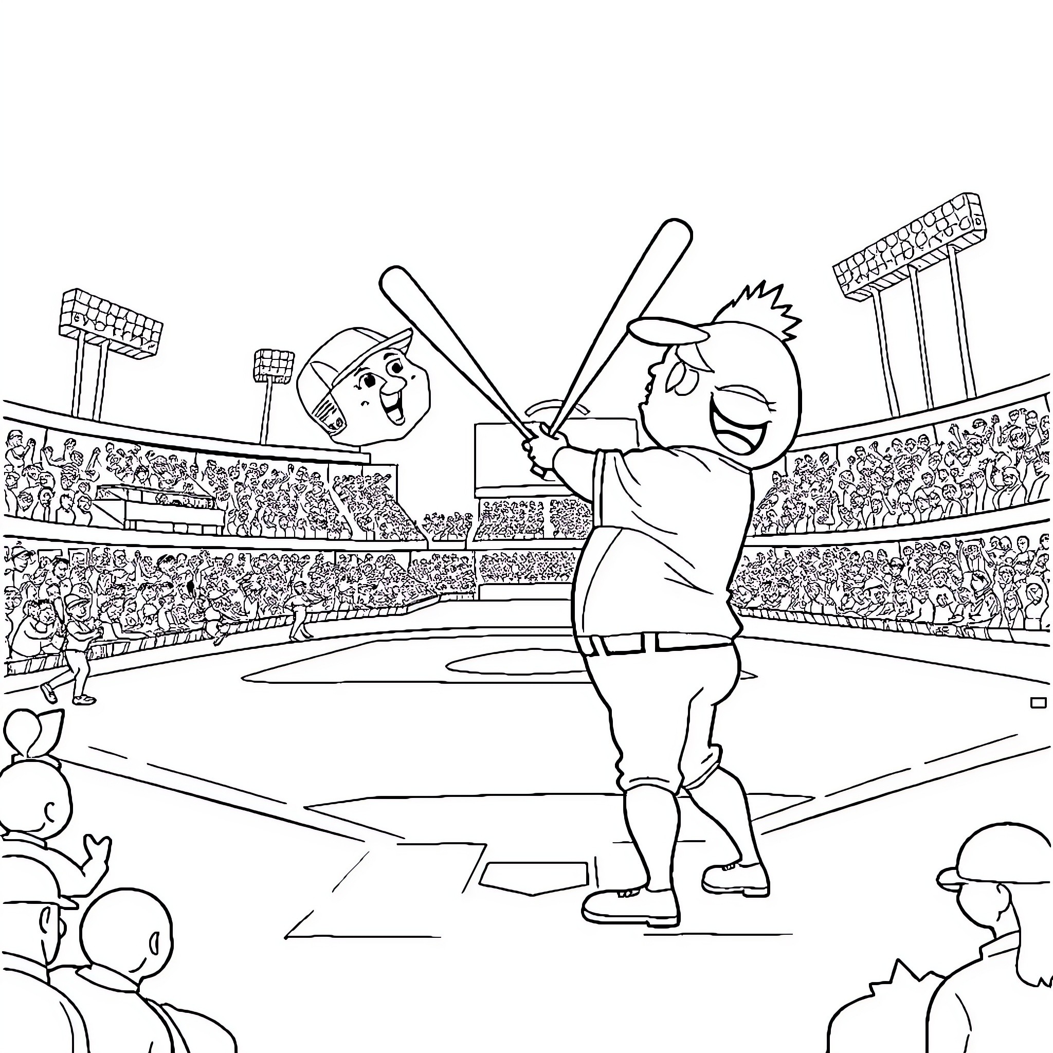 Donald Trump Batting in a Baseball Stadium Coloring Page (free black-and-white line drawing printable PDF for all, from beginners to advanced learners, including children, teens, adults, and seniors)