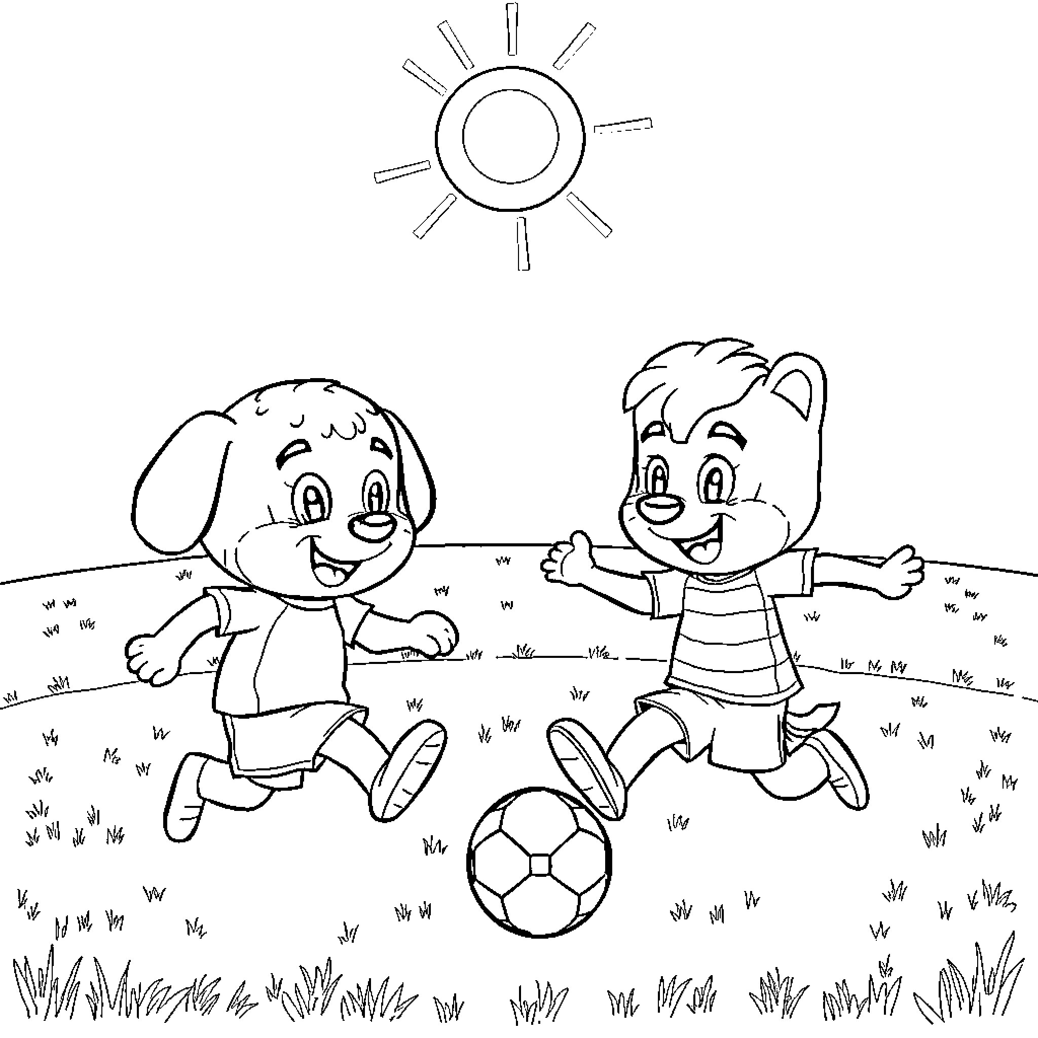 Rubble of two children playing with a soccer ball Coloring Page (free black-and-white line drawing printable PDF for all, from beginners to advanced learners, including children, teens, adults, and seniors)