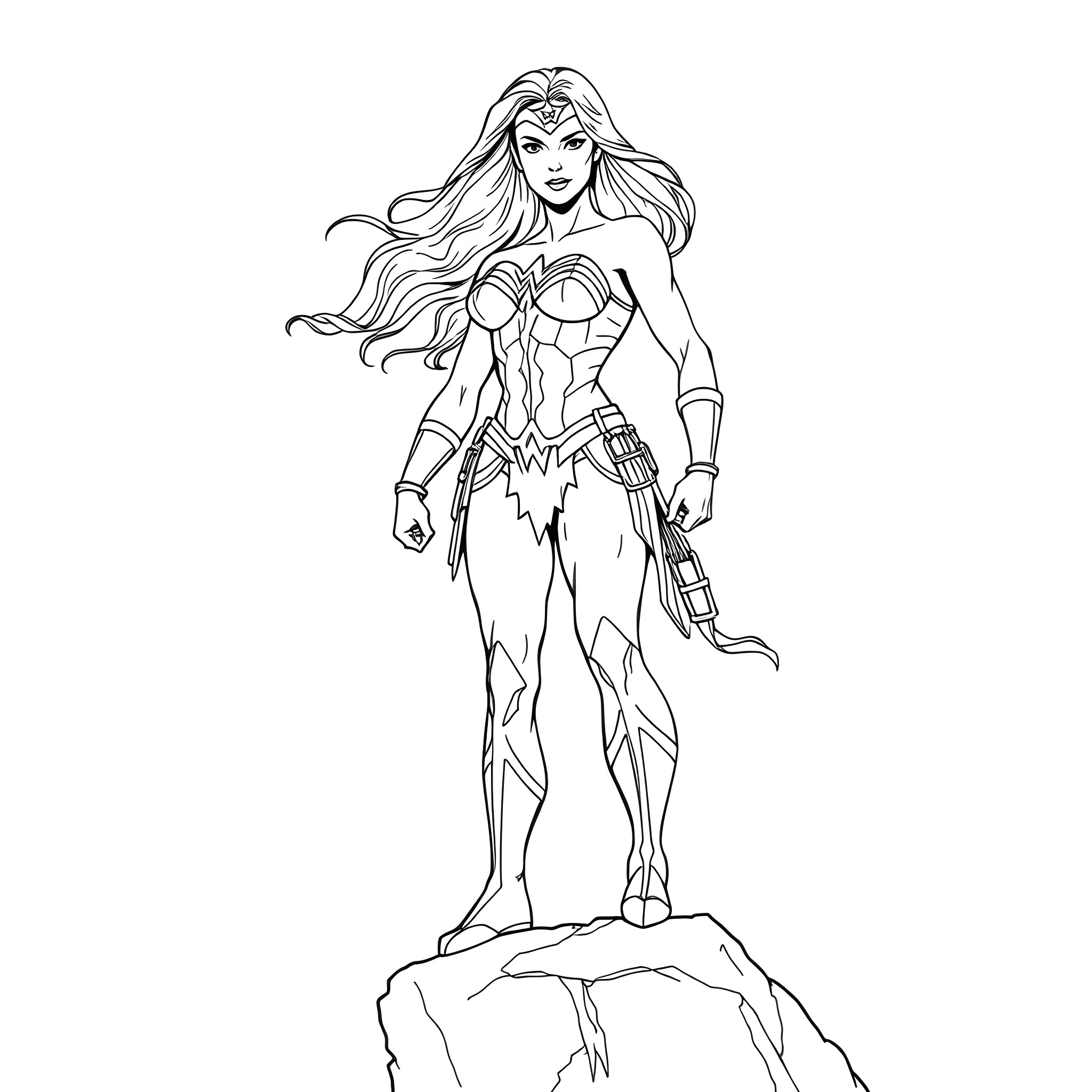 Wonder Woman in Action Pose Coloring Page (free black-and-white line drawing printable PDF for all, from beginners to advanced learners, including children, teens, adults, and seniors)