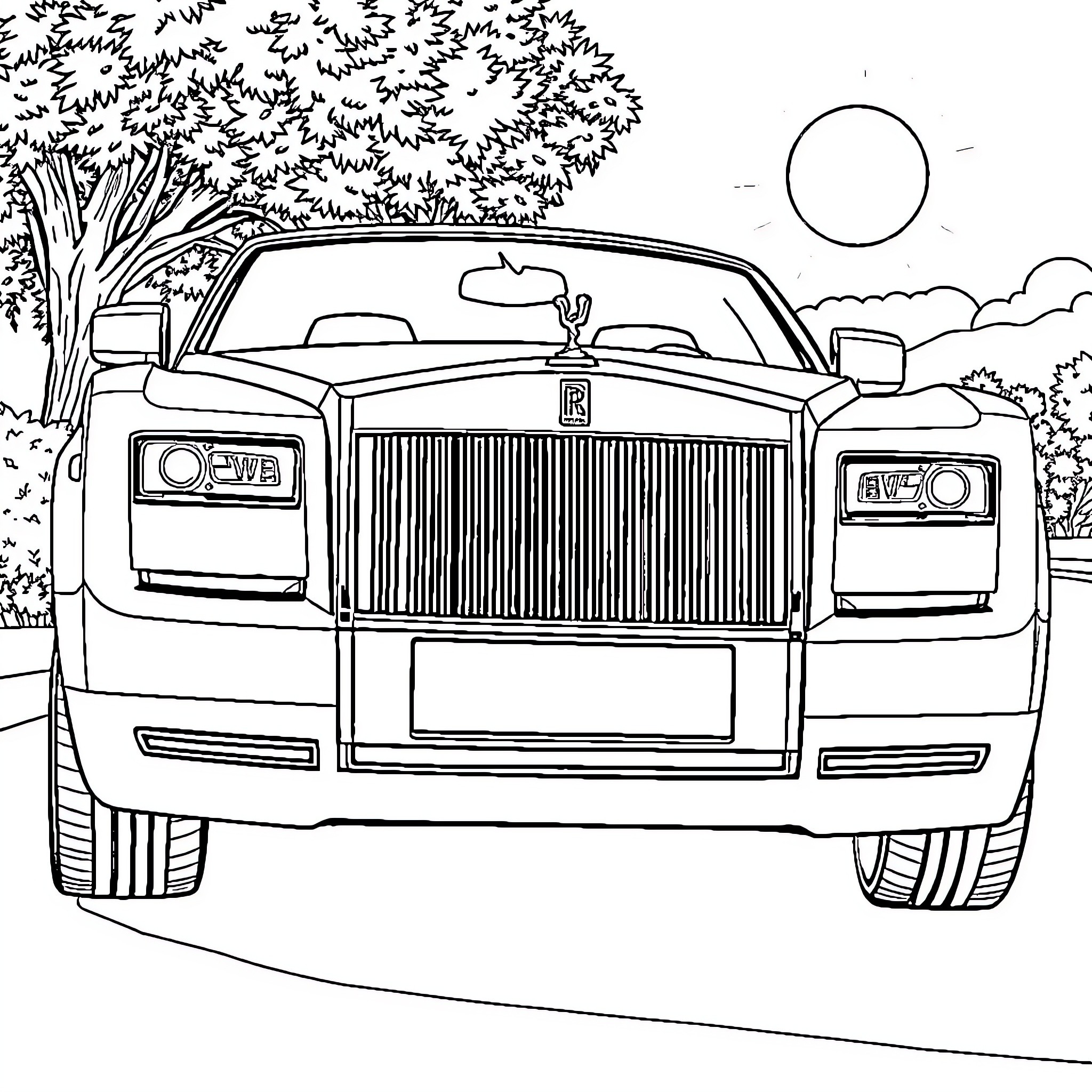 Rolls Royce luxury vehicle in serene nature setting Coloring Page (free black-and-white line drawing printable PDF for all, from beginners to advanced learners, including children, teens, adults, and seniors)