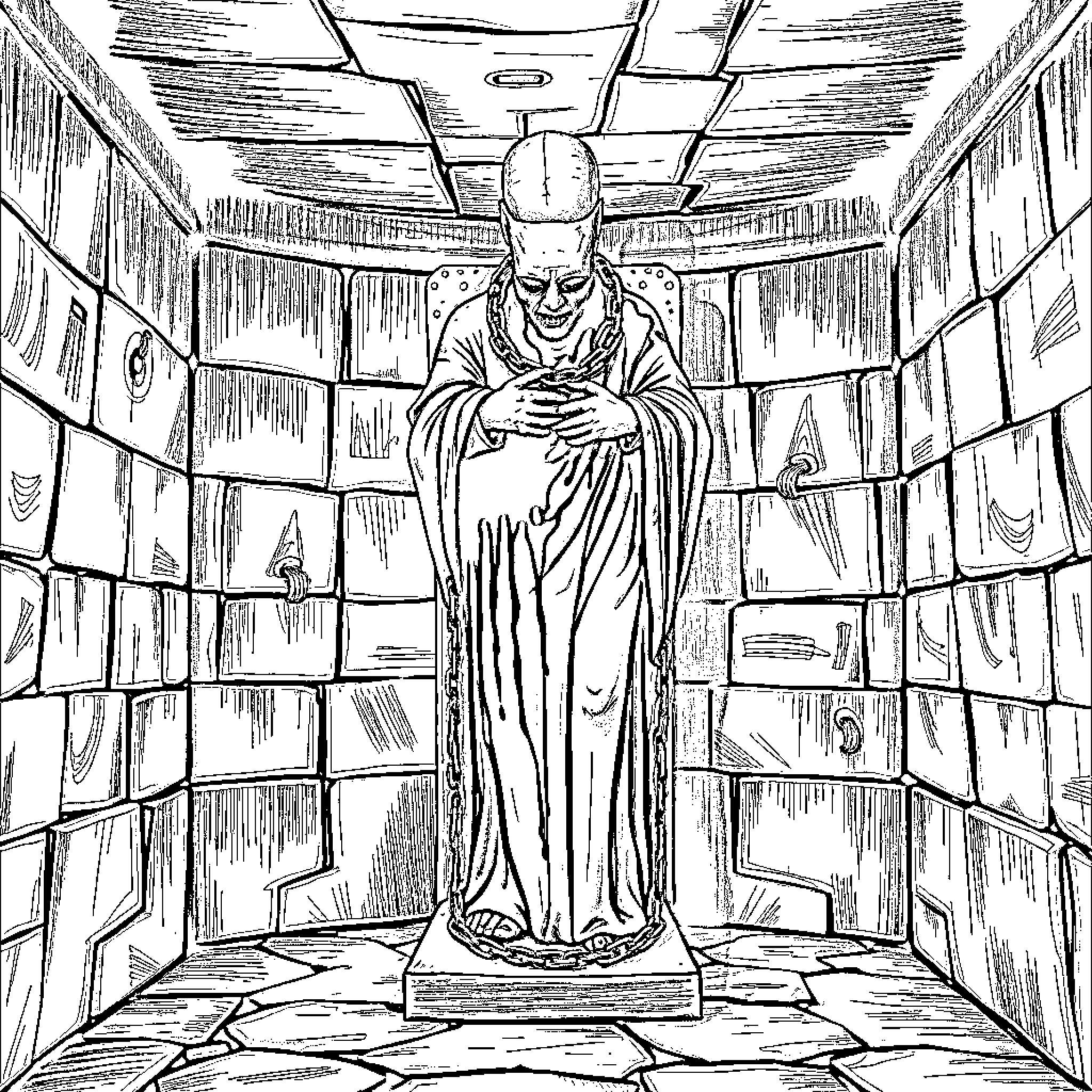 SCP-173: Unsettling Statue in Confined Space Coloring Page (free black-and-white line drawing printable PDF for all, from beginners to advanced learners, including children, teens, adults, and seniors)