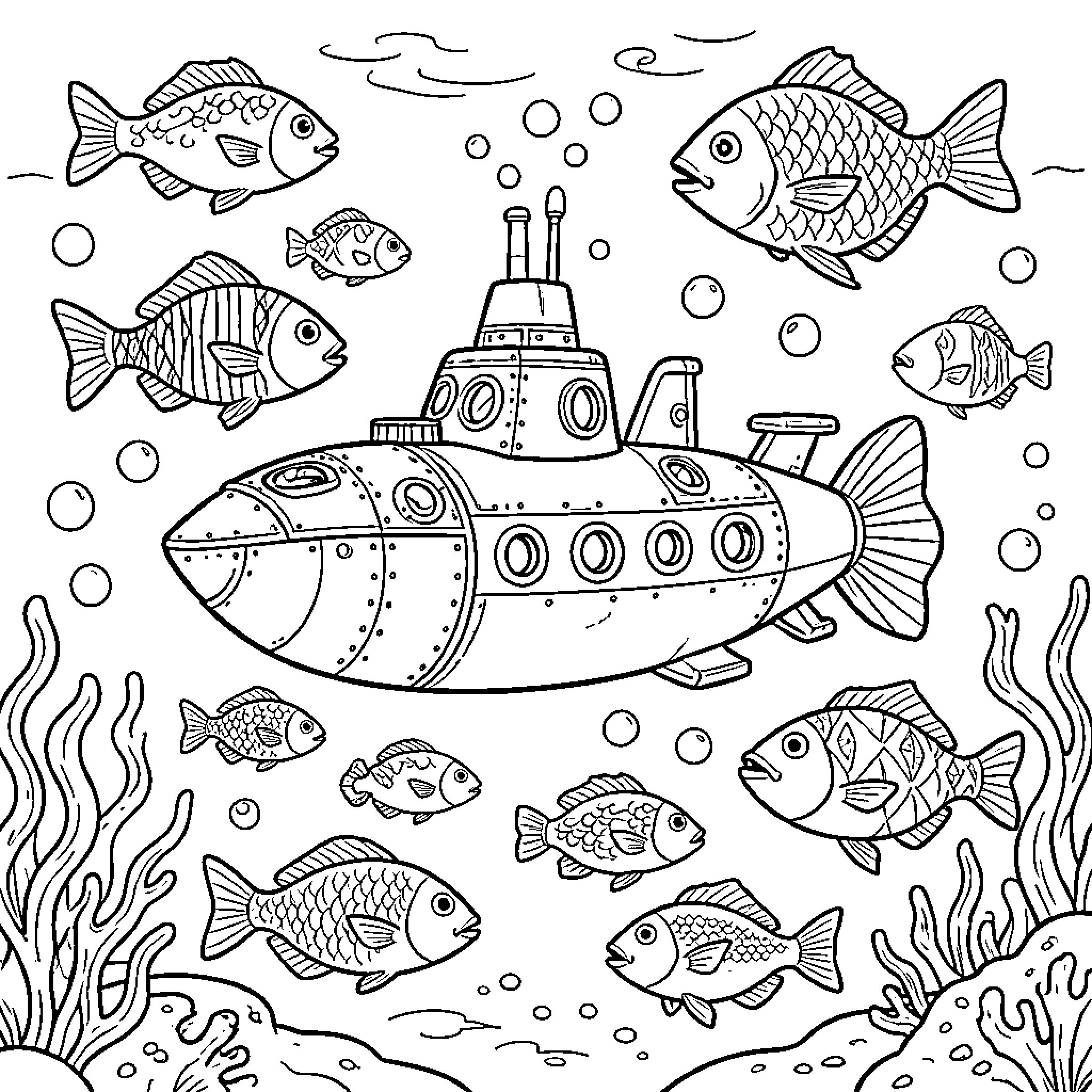 Submarine traveling through a busy underwater world with fish Coloring Page (free black-and-white line drawing printable PDF for all, from beginners to advanced learners, including children, teens, adults, and seniors)