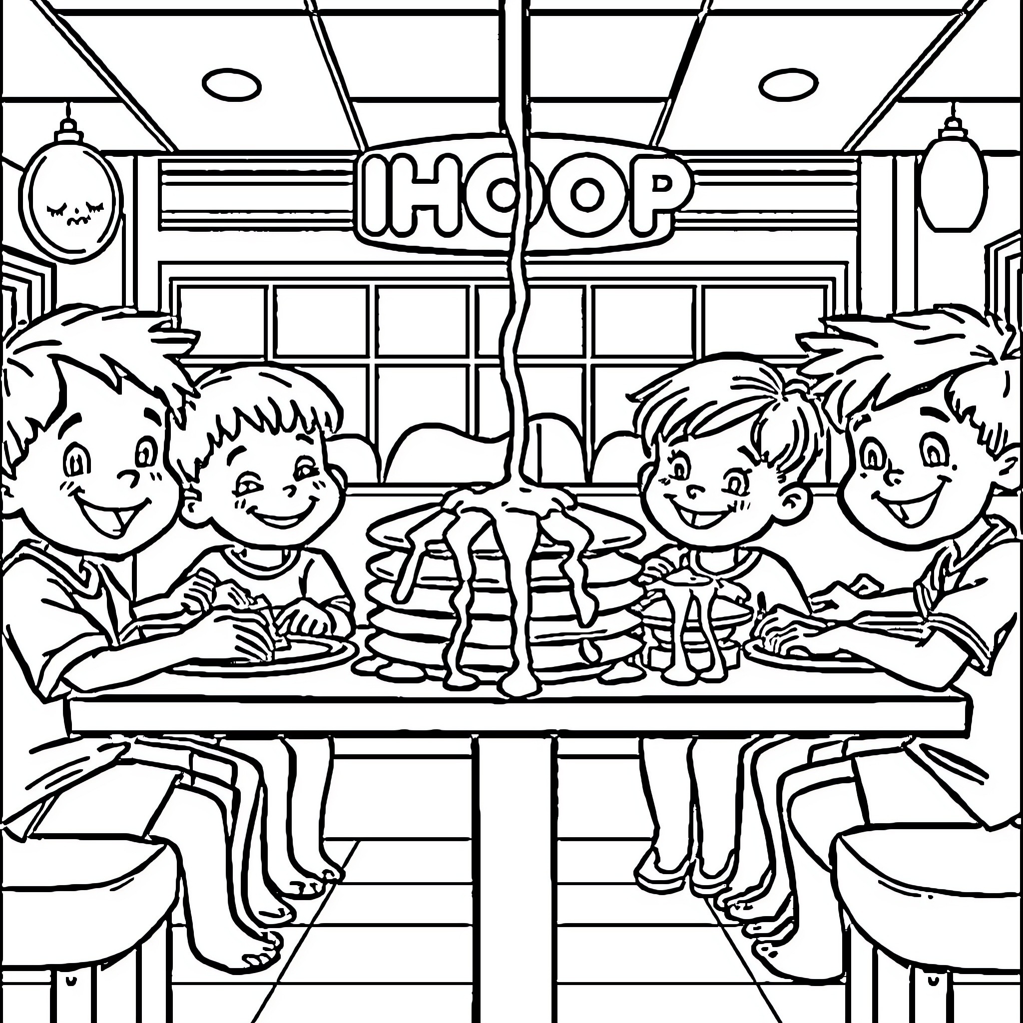 Kid enjoying a day at the ice cream shop Coloring Page (free black-and-white line drawing printable PDF for all, from beginners to advanced learners, including children, teens, adults, and seniors)
