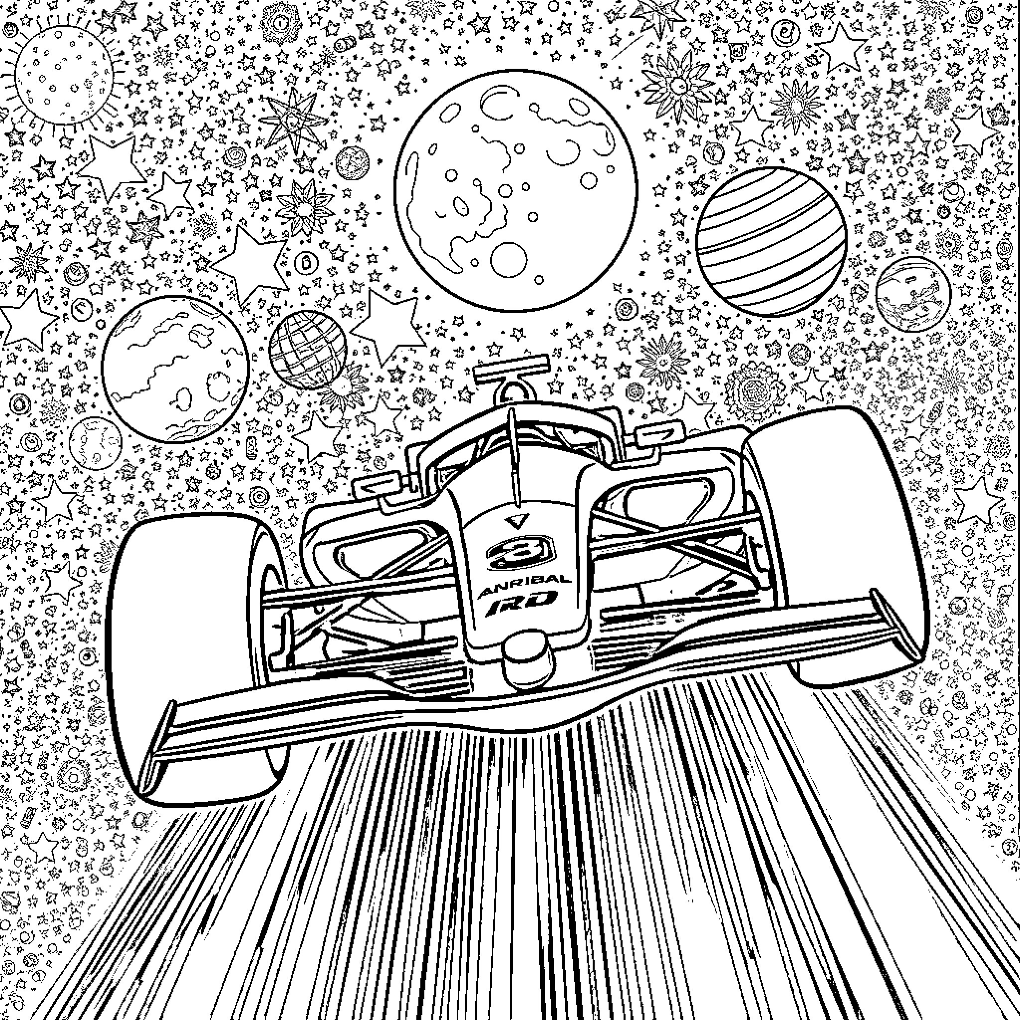 Formula 1 Car racing through cosmic space Coloring Page (free black-and-white line drawing printable PDF for all, from beginners to advanced learners, including children, teens, adults, and seniors)